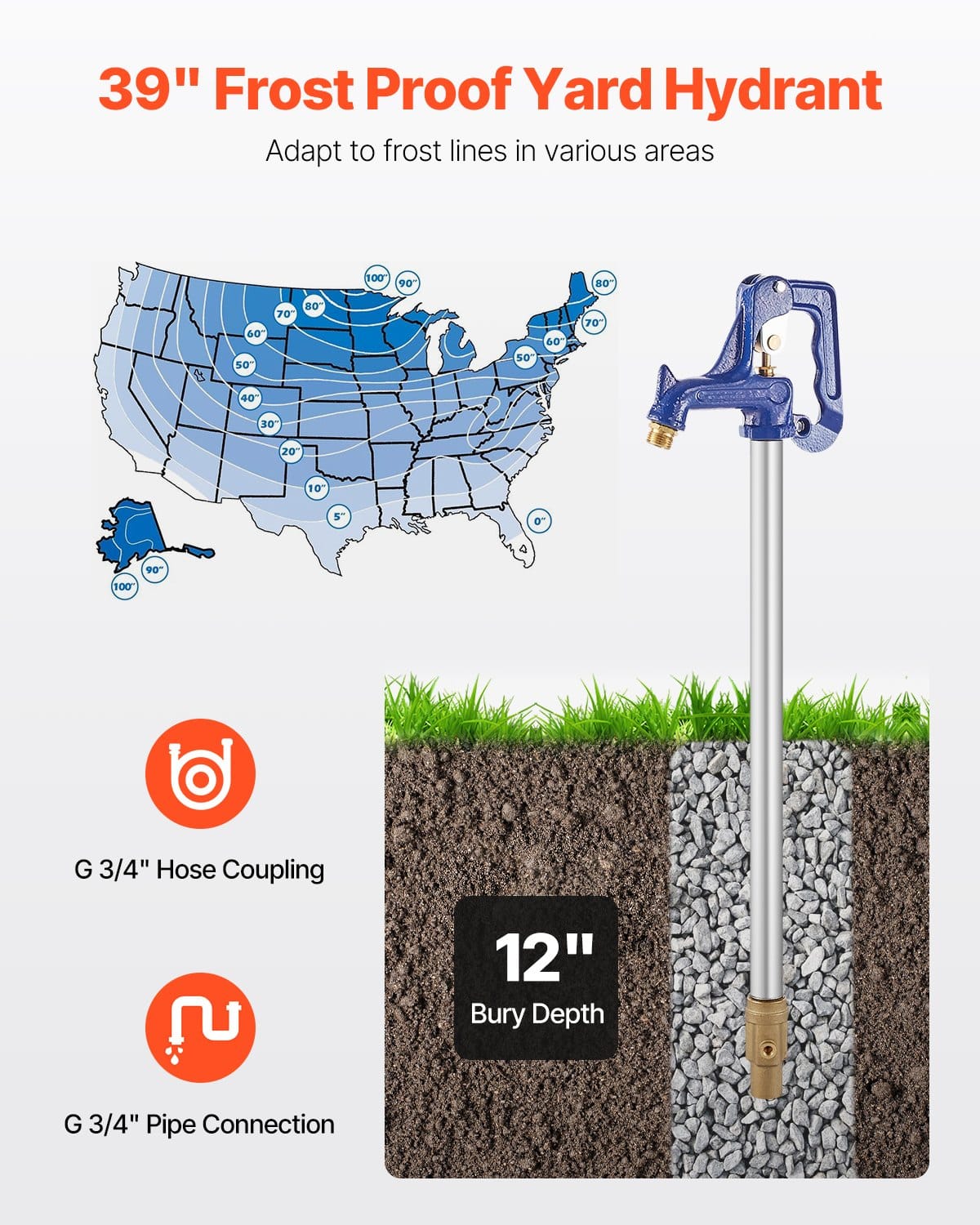VEVOR 99 cm Frost-Proof Yard Hydrant with 30 cm Bury Depth, G 3/4'' Hose & Pipe Connectors, Heavy-Duty Outdoor Faucet for Garden & Farm - Зображення 2