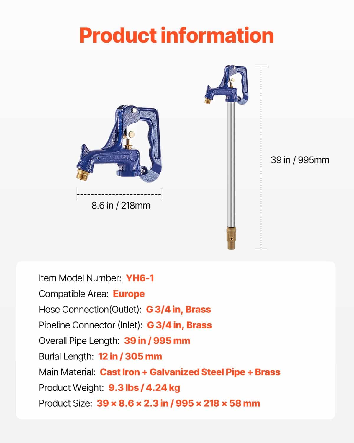 VEVOR 99 cm Frost-Proof Yard Hydrant with 30 cm Bury Depth, G 3/4'' Hose & Pipe Connectors, Heavy-Duty Outdoor Faucet for Garden & Farm - Зображення 7