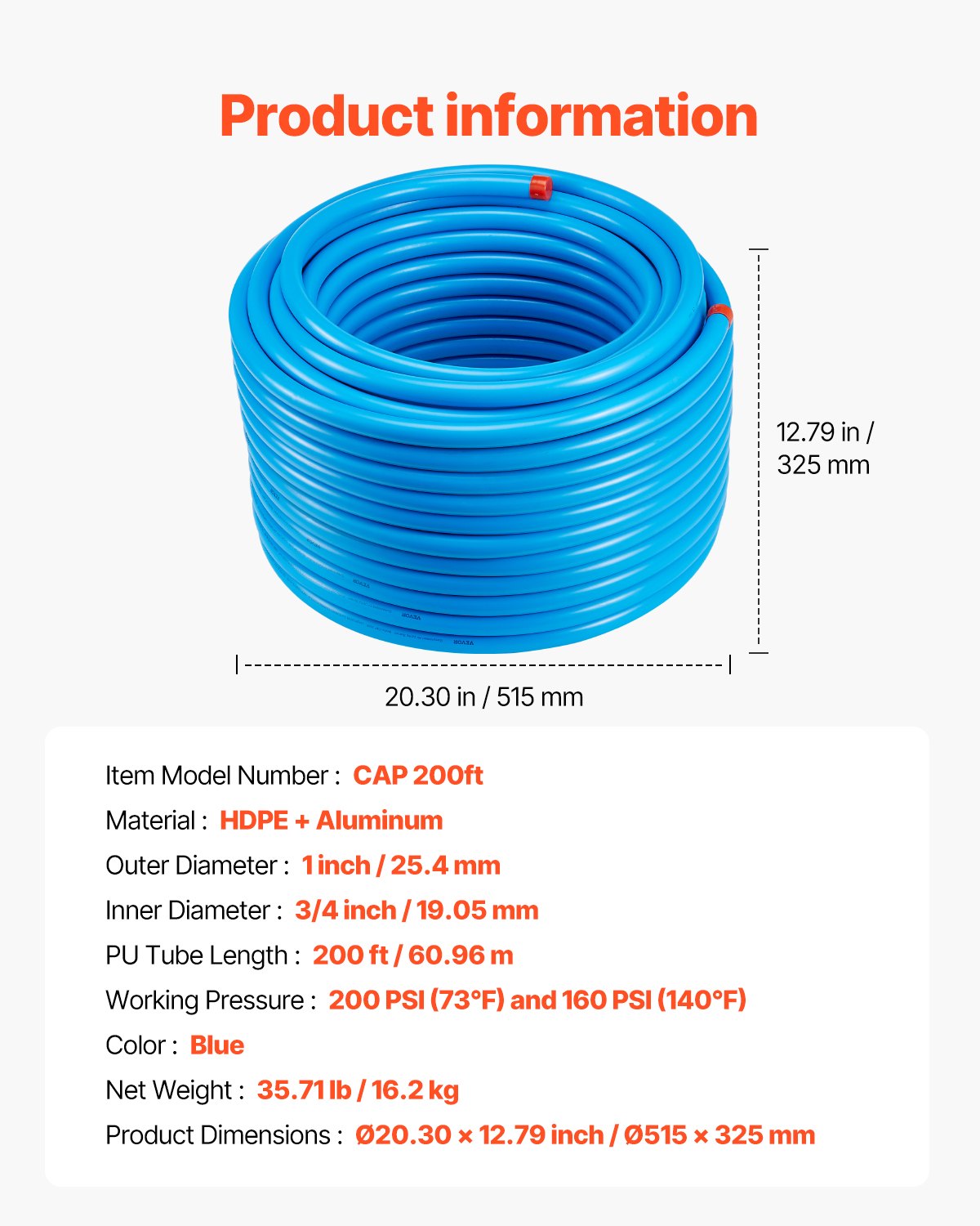 VEVOR 60m x 19mm HDPE-Aluminum Compressed Air Line Kit, Leak-Proof Piping System with Fittings for Garages & Workshops, Blue — Attēls 7