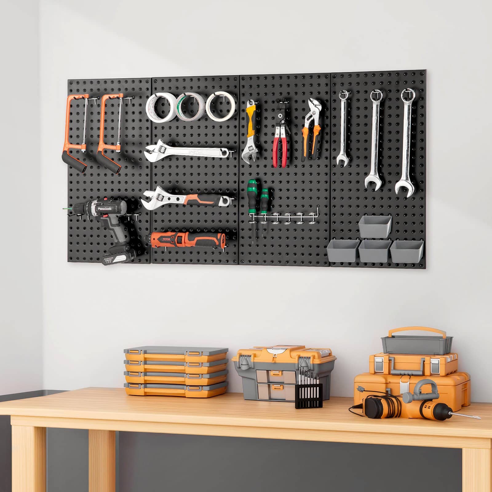 VEVOR Metal Pegboard Panels 60x30 cm, Set of 4, Heavy-Duty Wall Organizer with Accessories, Black Tool Storage for Garage & Home — Attēls 8