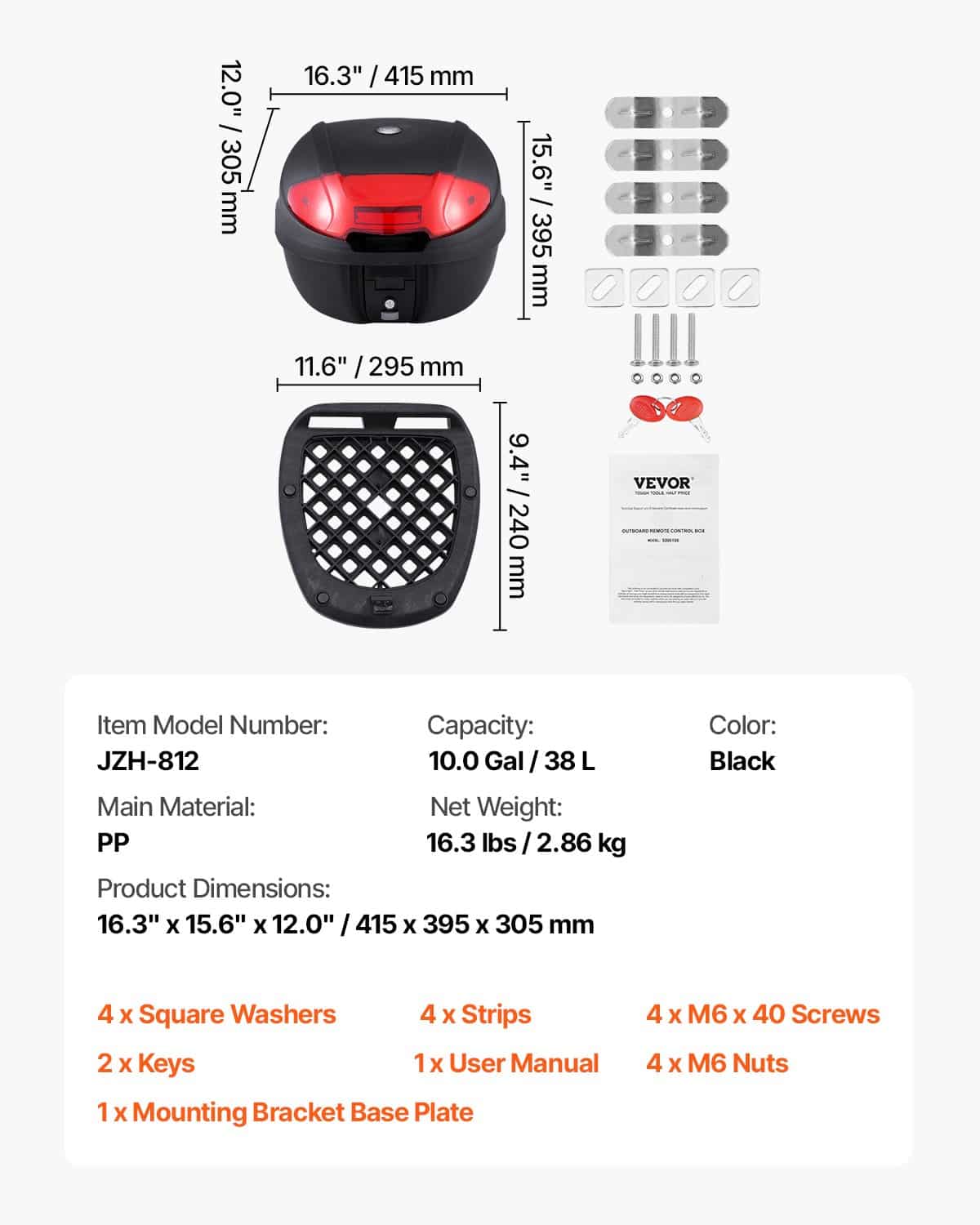 VEVOR 38L Waterproof Motorcycle Top Case with Reflective Panel, Durable PP Tail Box, Universal Fit with Multi-Hole Base – Paveikslėlis 7