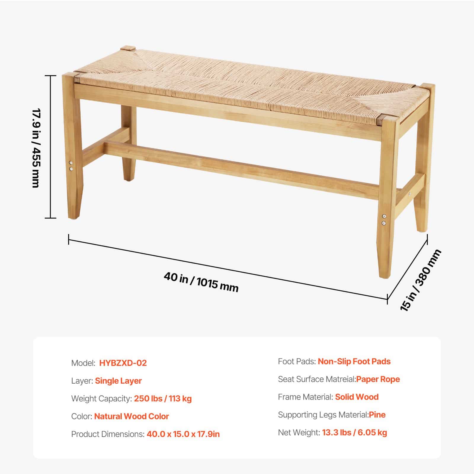 VEVOR 102 cm Handwoven Rattan Bench with Oak Wood Legs – Boho Style Entryway & Bedroom Bench, Solid Pine Frame — attēls 7