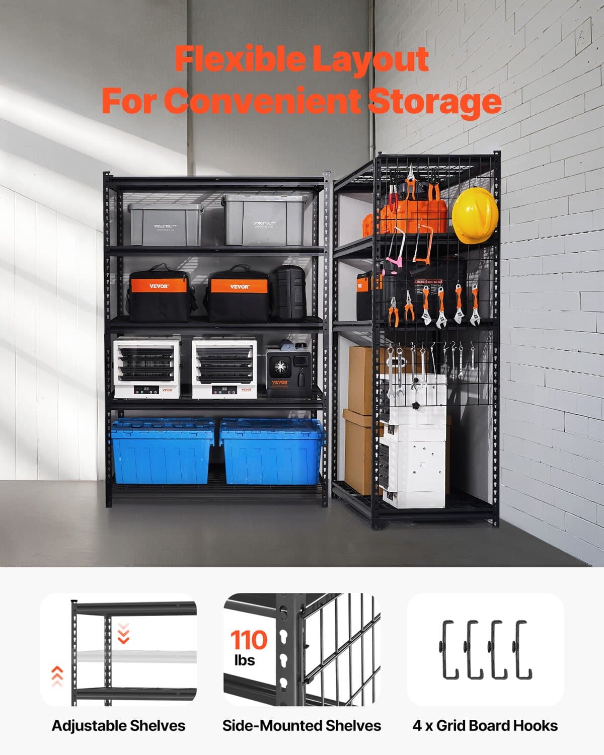 VEVOR Heavy Duty Metal Storage Shelves, 1360 kg Load, 5-Tier Adjustable Garage Rack, 61x122x183 cm, for Warehouse, Kitchen, Black — attēls 3