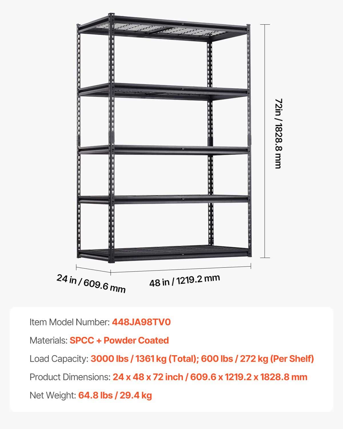 VEVOR Heavy Duty Metal Storage Shelves, 1360 kg Load, 5-Tier Adjustable Garage Rack, 61x122x183 cm, for Warehouse, Kitchen, Black — attēls 7