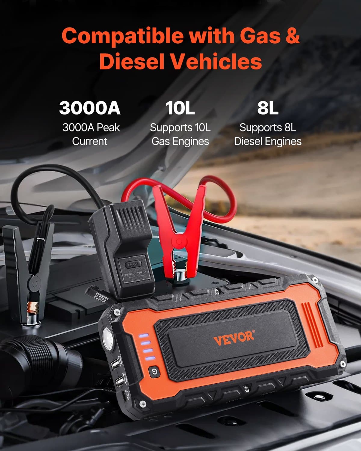 VEVOR 3000A Portable Car Jump Starter with 59.2Wh Battery, Air Compressor, LED Light, LCD, for Gas/Diesel Engines up to 10L/8L - Зображення 2