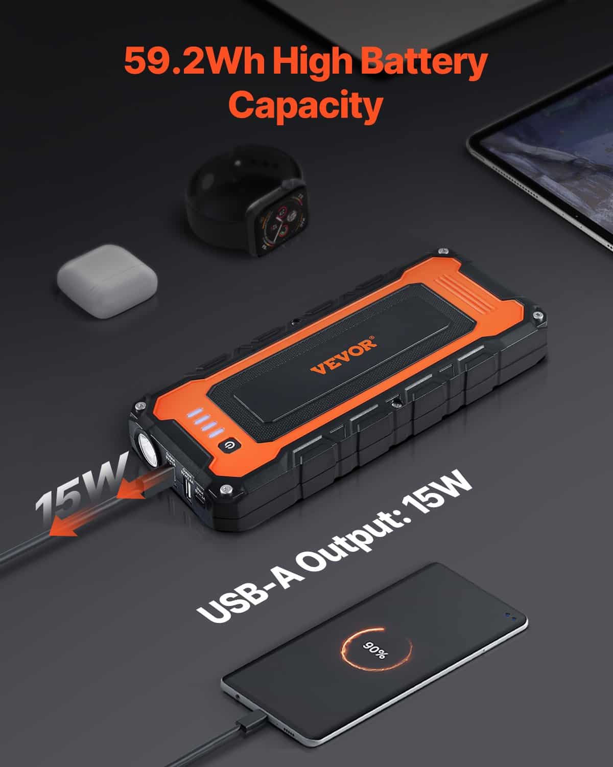 VEVOR 3000A Portable Car Jump Starter with 59.2Wh Battery, Air Compressor, LED Light, LCD, for Gas/Diesel Engines up to 10L/8L - Зображення 5