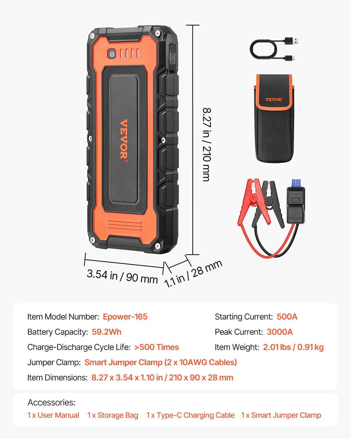 VEVOR 3000A Portable Car Jump Starter with 59.2Wh Battery, Air Compressor, LED Light, LCD, for Gas/Diesel Engines up to 10L/8L - Зображення 7