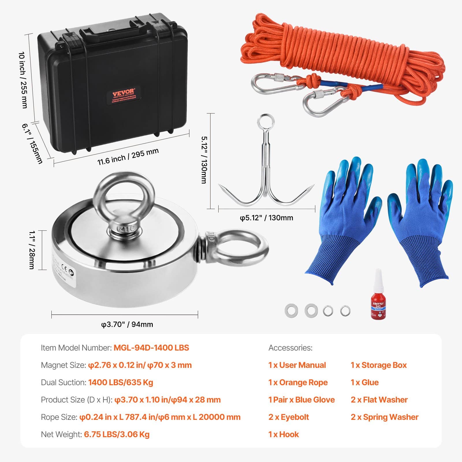 VEVOR 771 kg Double-Sided Neodymium Magnet Fishing Kit with Rope, Hook, Gloves & Case for River Treasure Hunting — изображение 7