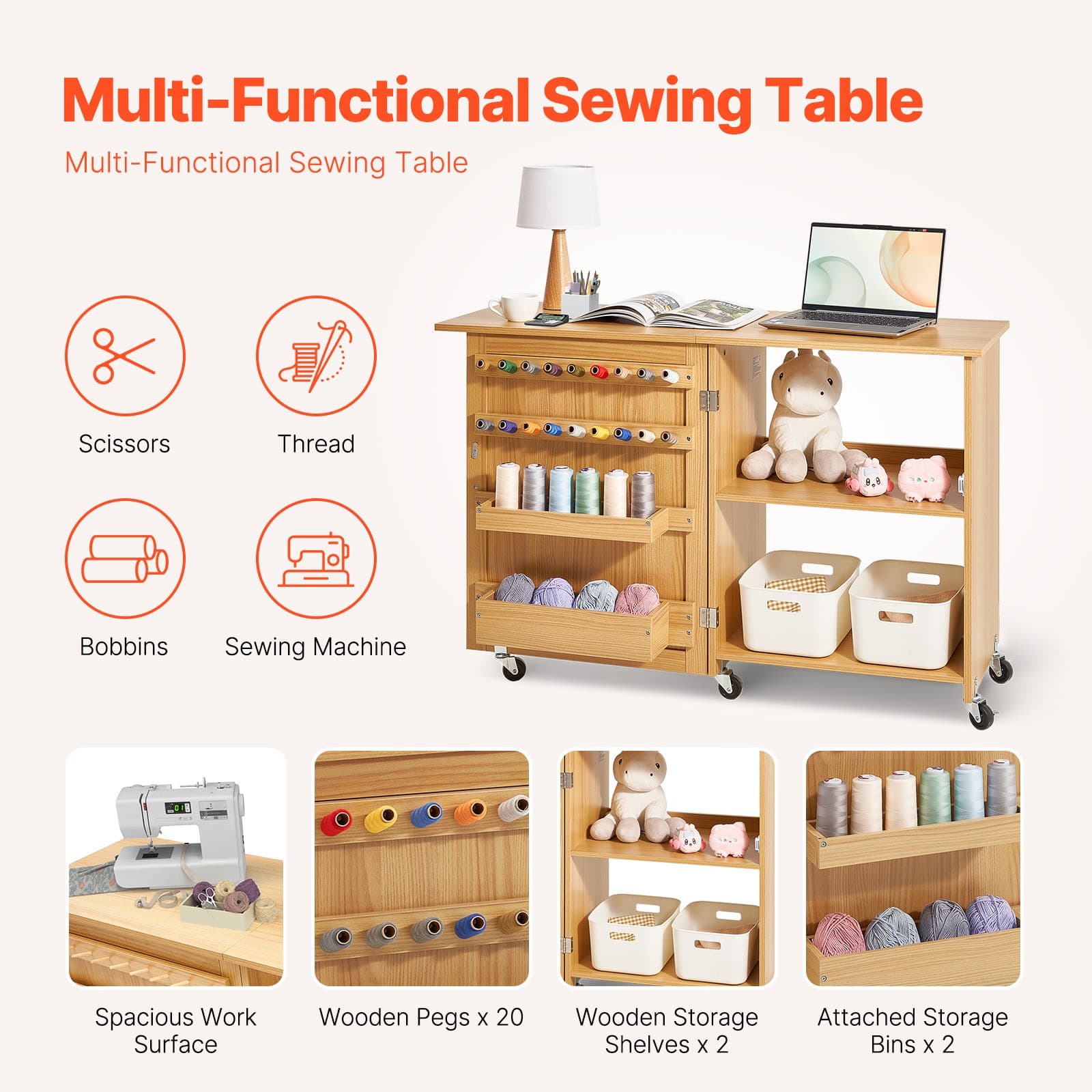VEVOR Folding Sewing Table with Storage, Wheels, Shelves & Trays, Compact MDF Sewing Cabinet, 40kg Load, Wood Finish - Зображення 2