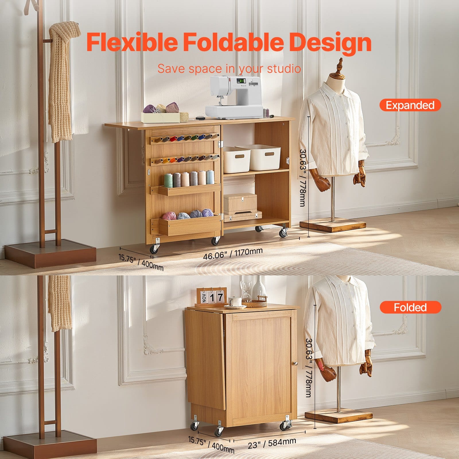 VEVOR Folding Sewing Table with Storage, Wheels, Shelves & Trays, Compact MDF Sewing Cabinet, 40kg Load, Wood Finish - Зображення 3