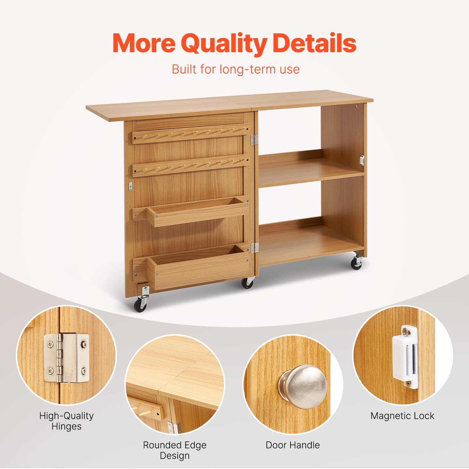 VEVOR Folding Sewing Table with Storage, Wheels, Shelves & Trays, Compact MDF Sewing Cabinet, 40kg Load, Wood Finish - Зображення 6