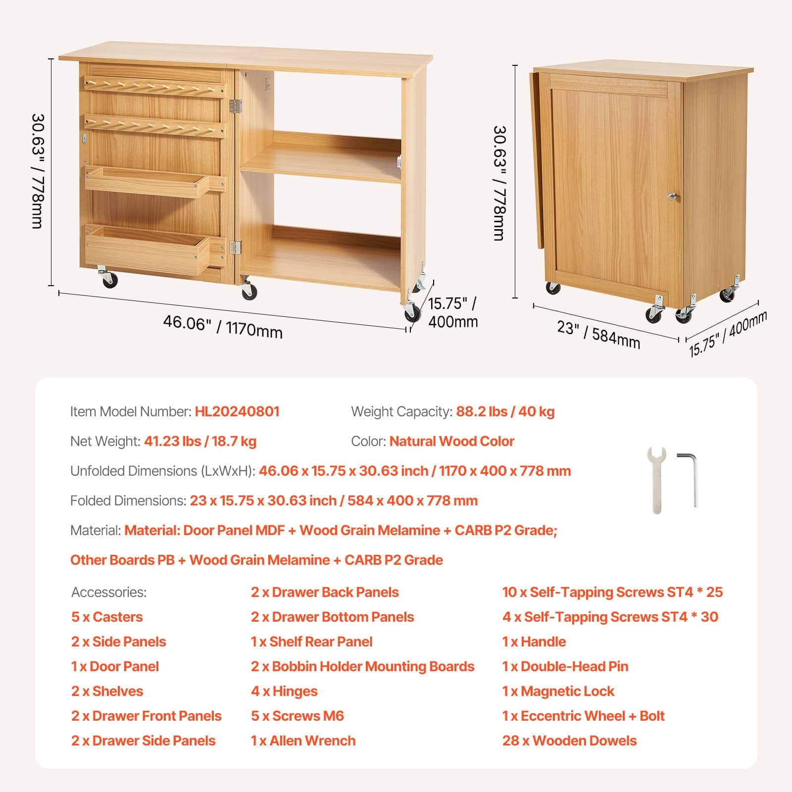 VEVOR Folding Sewing Table with Storage, Wheels, Shelves & Trays, Compact MDF Sewing Cabinet, 40kg Load, Wood Finish - Зображення 7