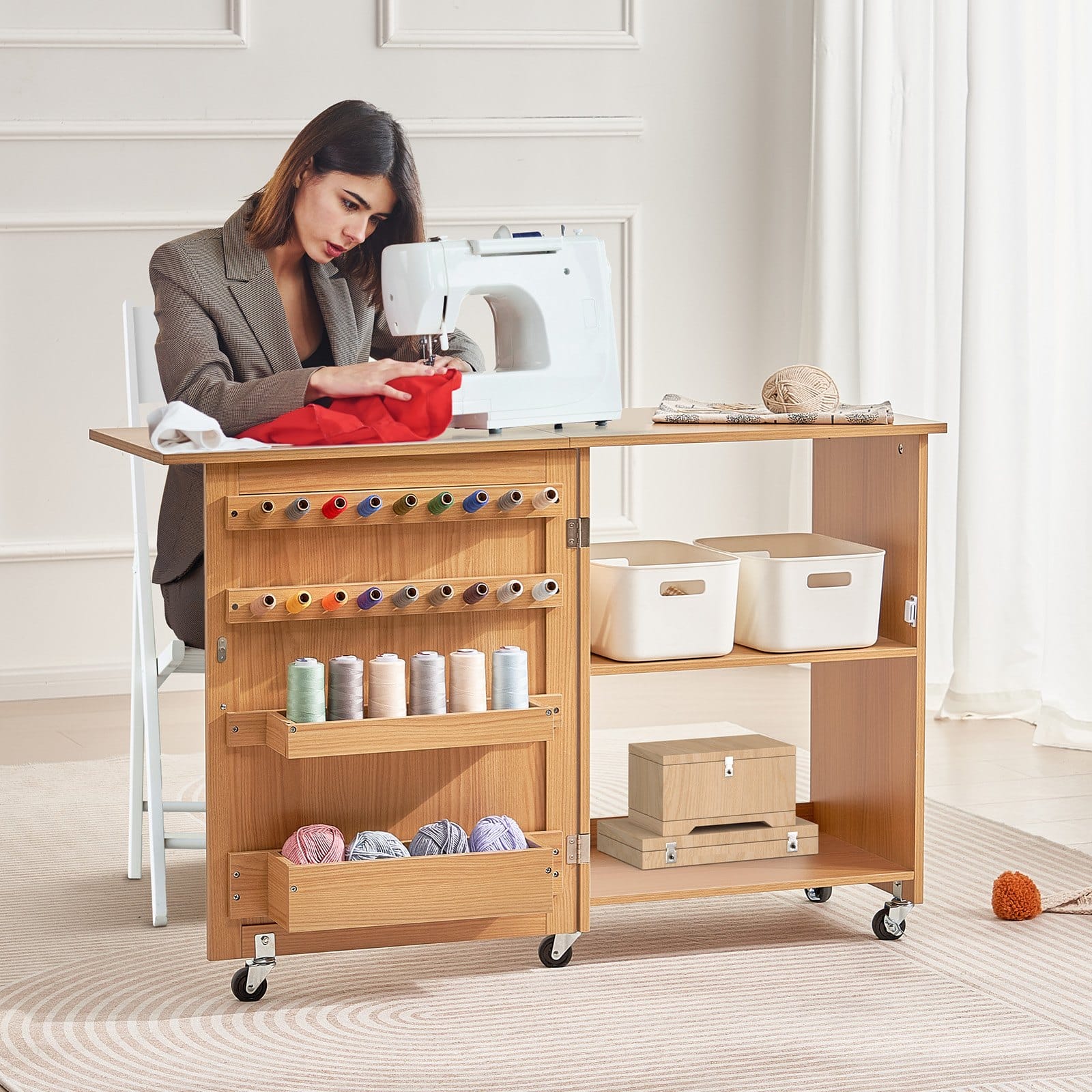VEVOR Folding Sewing Table with Storage, Wheels, Shelves & Trays, Compact MDF Sewing Cabinet, 40kg Load, Wood Finish - Зображення 8