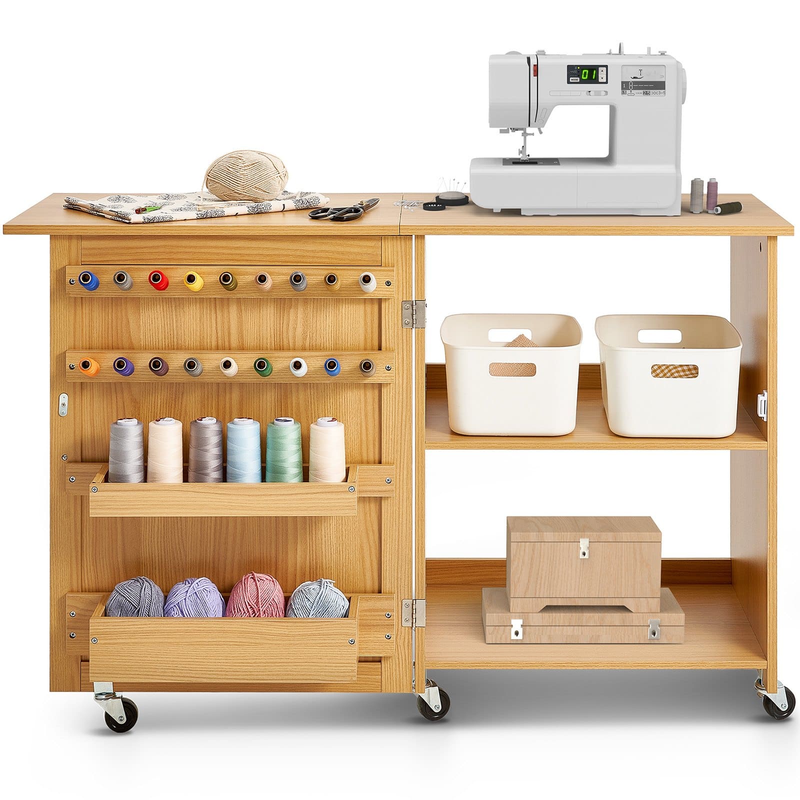 VEVOR Folding Sewing Table with Storage, Wheels, Shelves & Trays, Compact MDF Sewing Cabinet, 40kg Load, Wood Finish - Зображення 9