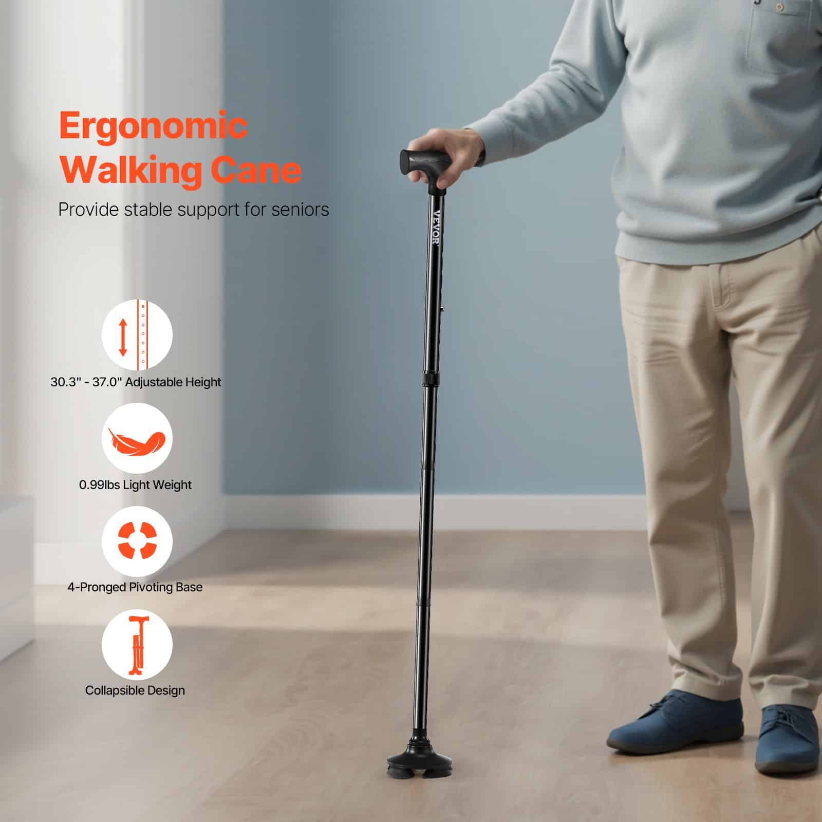 Folding Aluminum Walking Cane with 8-Level Adjustable Height, 4-Pronged Pivot Base, Lightweight Mobility Aid for Seniors (Black) – Paveikslėlis 2