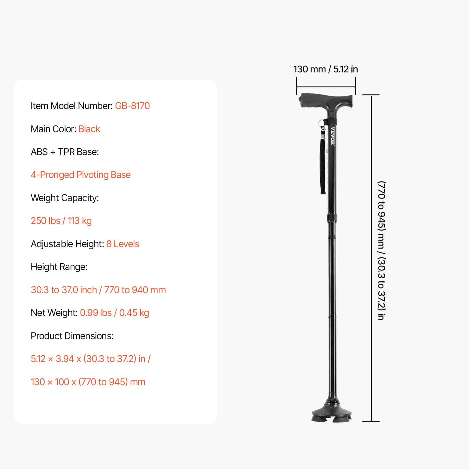 Folding Aluminum Walking Cane with 8-Level Adjustable Height, 4-Pronged Pivot Base, Lightweight Mobility Aid for Seniors (Black) – Paveikslėlis 7