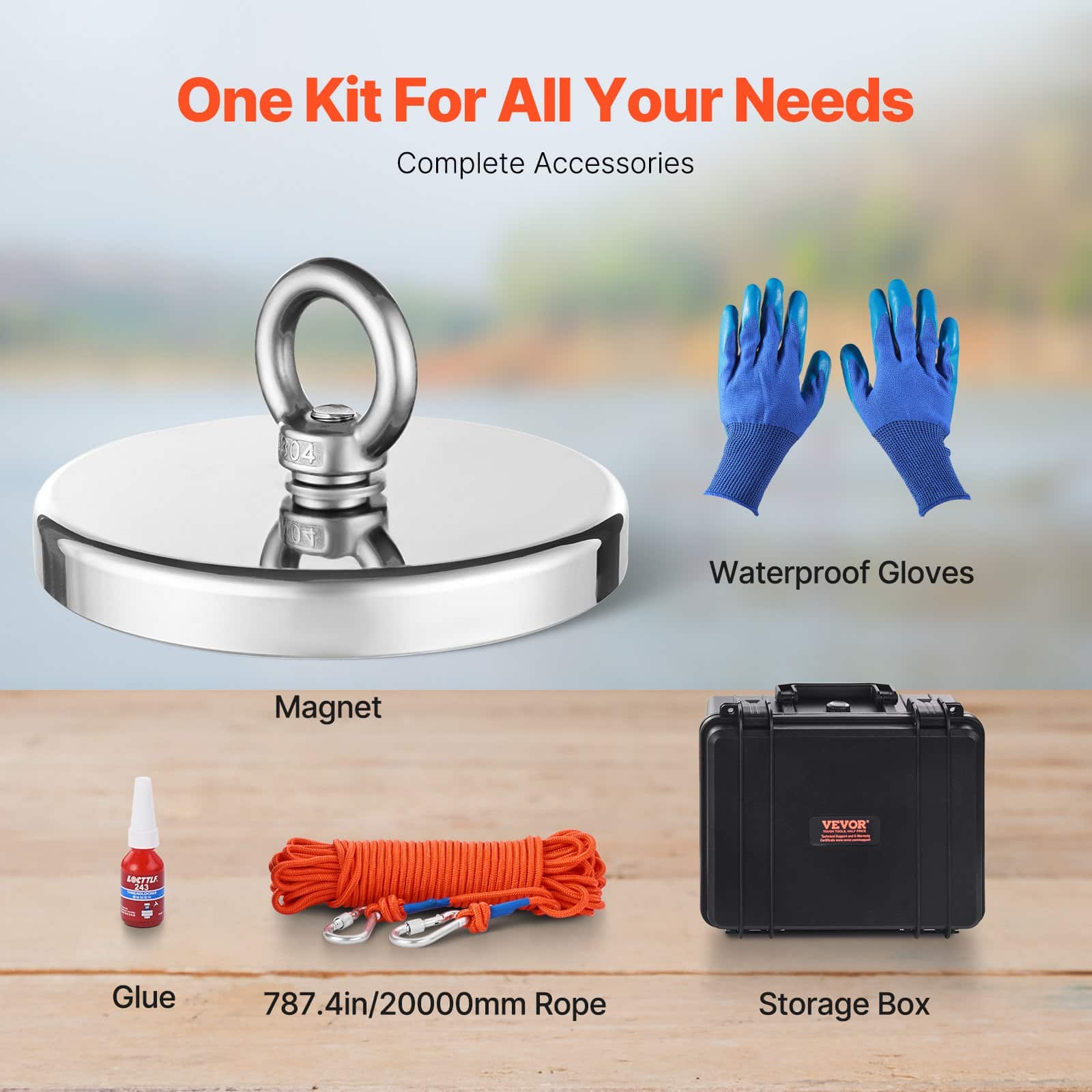 VEVOR 907 kg Magnet Fishing Kit with Neodymium Magnet, 20m Rope, Hook, Gloves, Eyebolt & Case for River Treasure Hunting — изображение 3