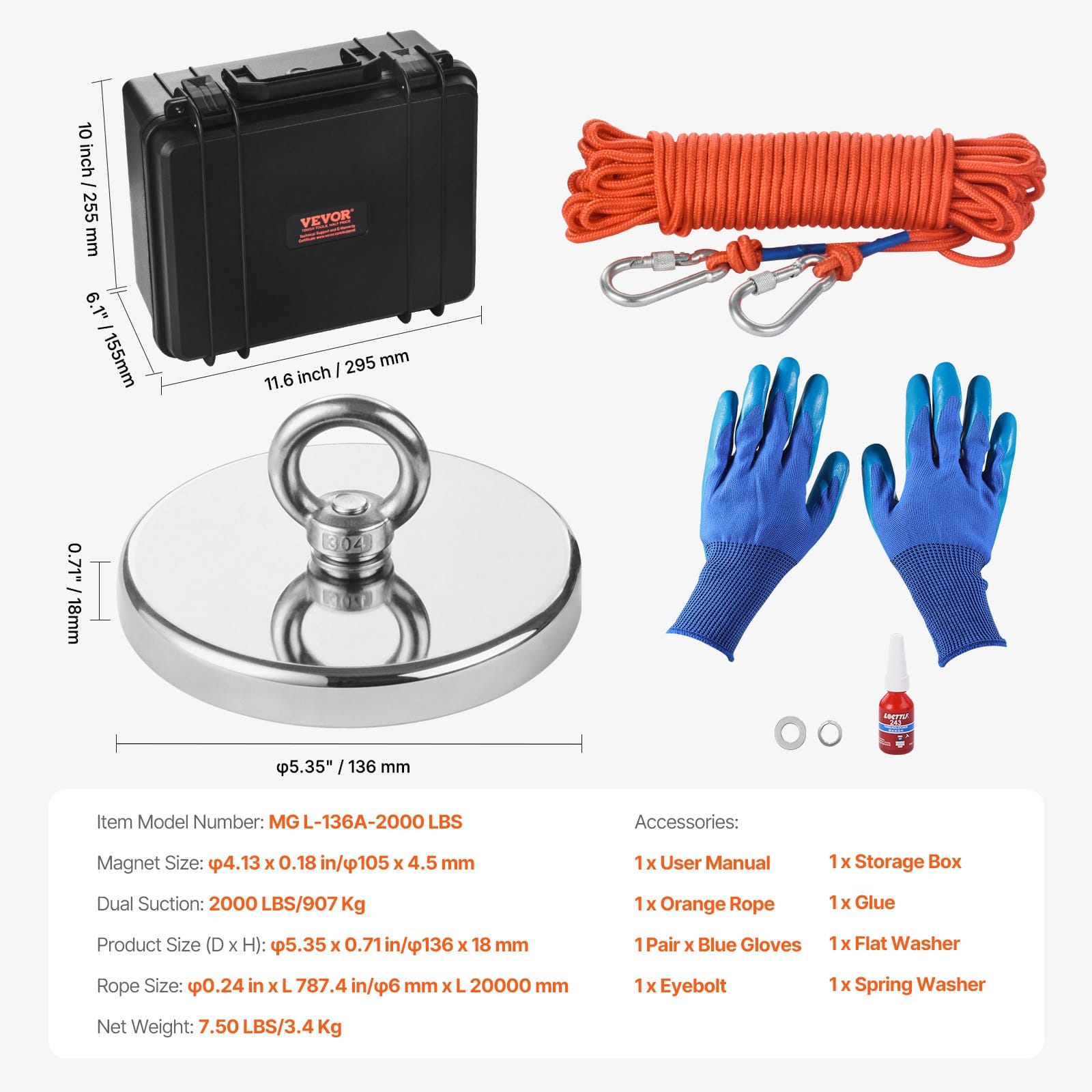 VEVOR 907 kg Magnet Fishing Kit with Neodymium Magnet, 20m Rope, Hook, Gloves, Eyebolt & Case for River Treasure Hunting — изображение 7