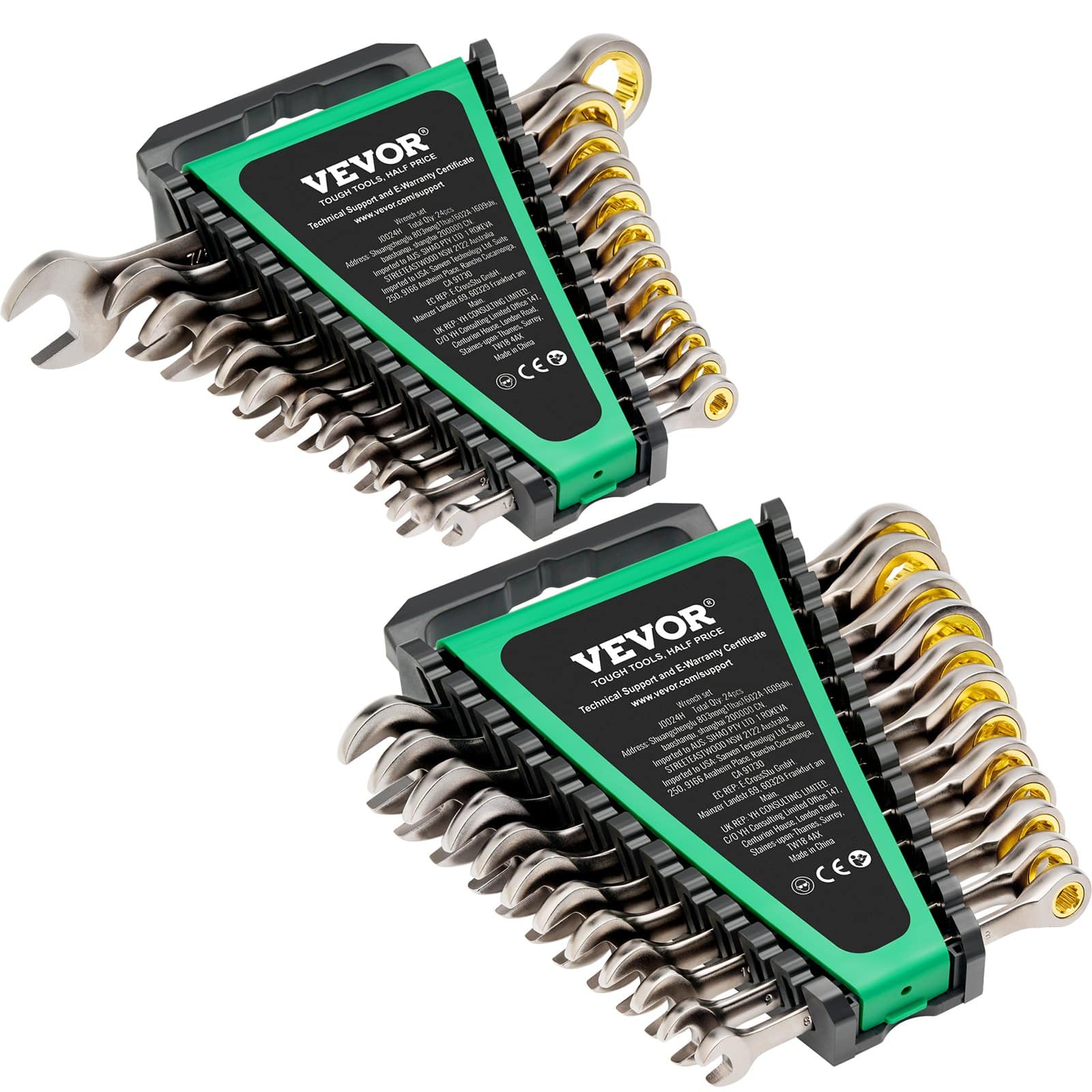 VEVOR 24-Piece Ratcheting Combination Wrench Set, Cr-V Steel, Metric 8–19 mm & SAE 6.35–22.2 mm, with Organizer Rack