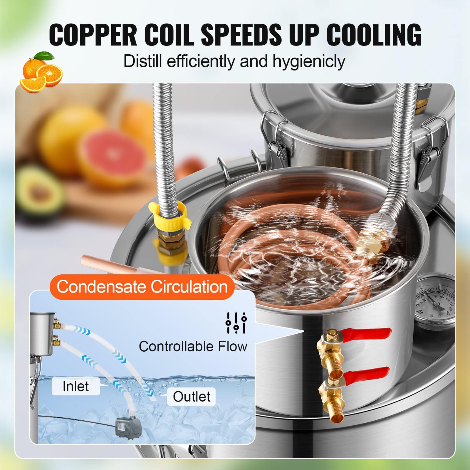 VEVOR 30L Stainless Steel Alcohol Distiller Kit with Copper Coil, Dual Condenser & Thumper Keg for Whisky, Wine, Brandy — изображение 5