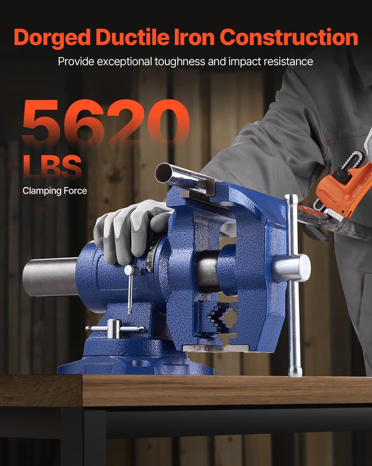 VEVOR 165 mm Heavy-Duty Bench Vise with 125 mm Jaw Opening, 360° Swivel, Anvil, Magnetic Pads, for Metal & Pipe Work - Зображення 2