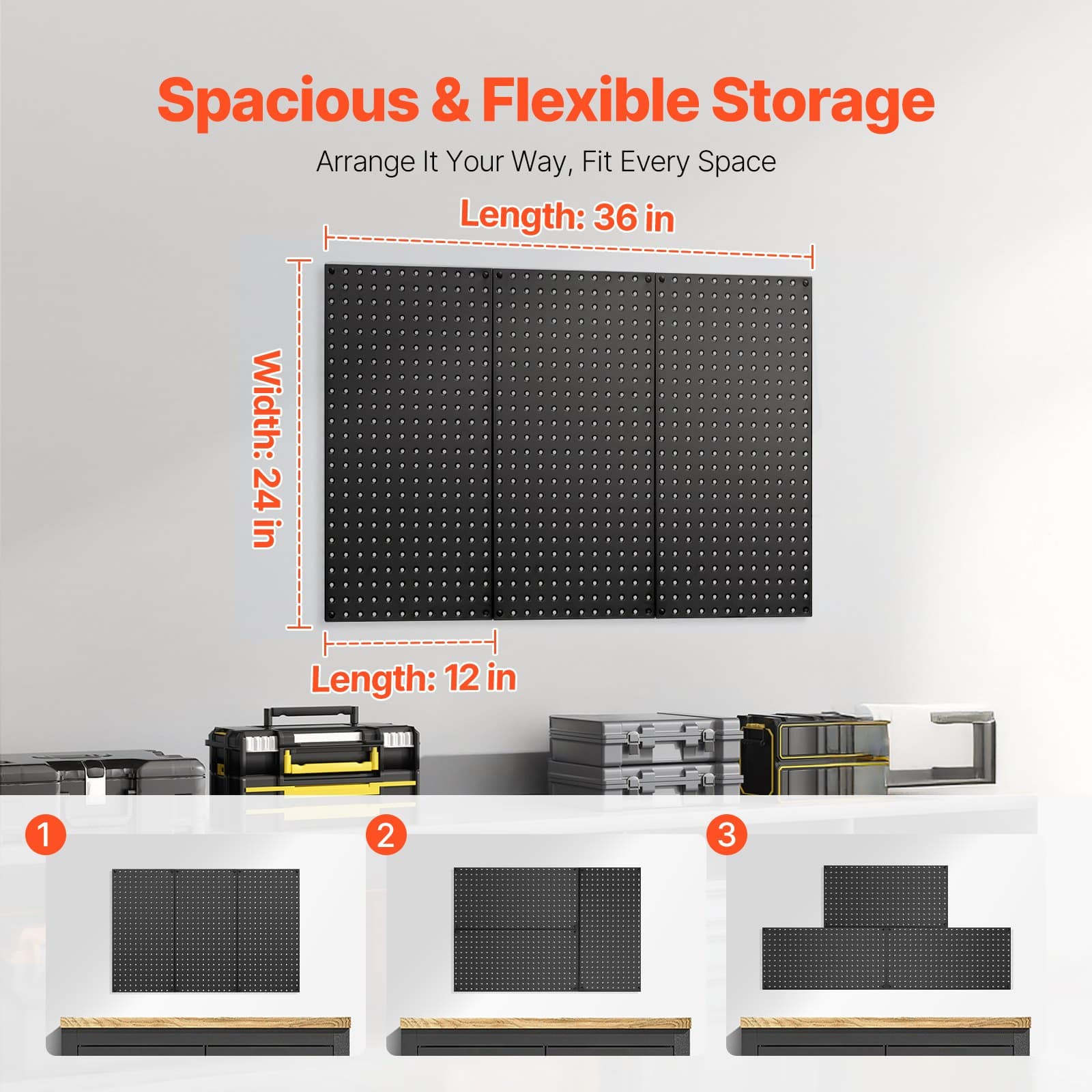 VEVOR Metal Pegboard Panels Set, 61x30 cm, 3 Heavy-Duty Steel Boards, Wall Tool Organizer for Garage, Office, Kitchen, Black — изображение 4