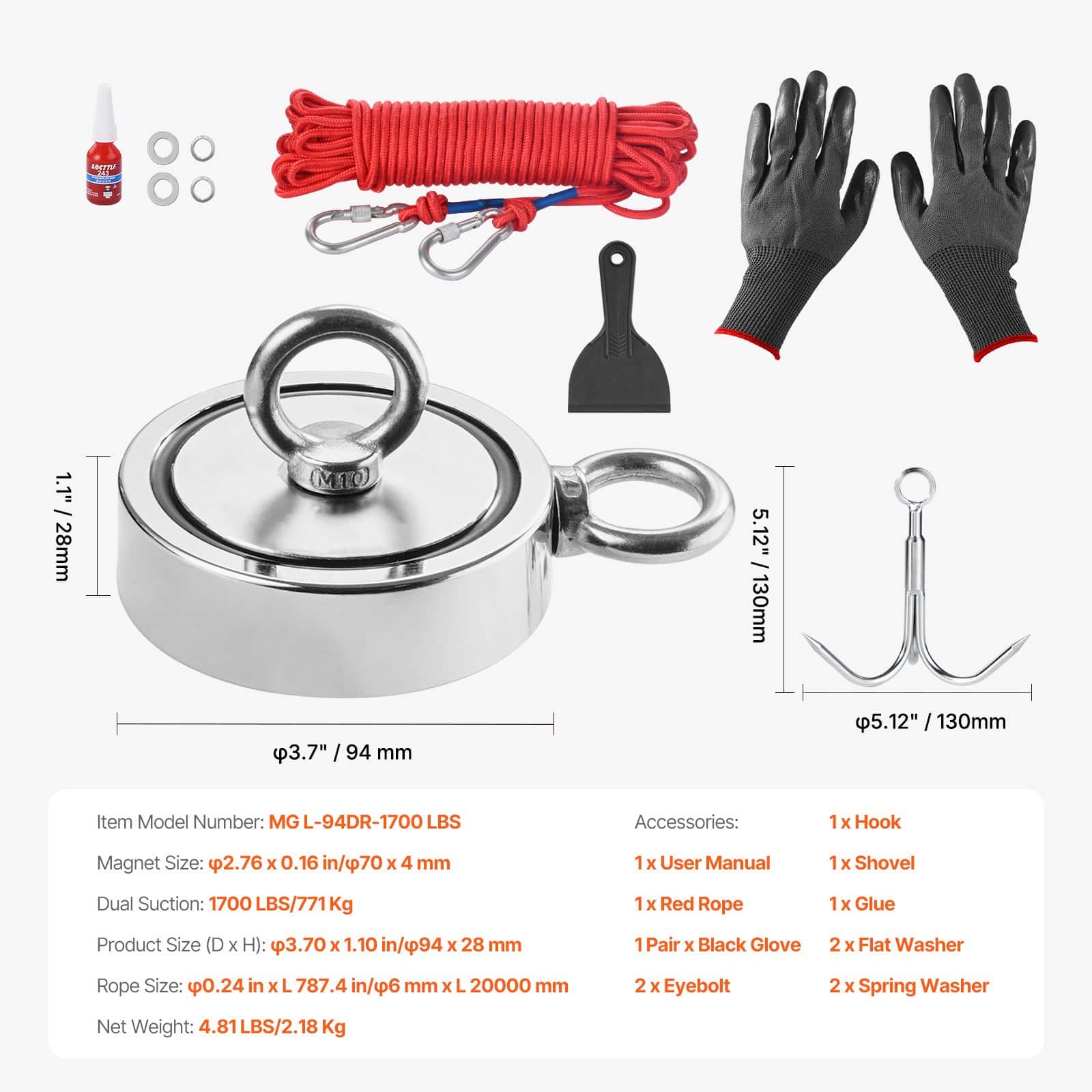 VEVOR 771kg Double-Sided Neodymium Magnet Fishing Kit with Rope