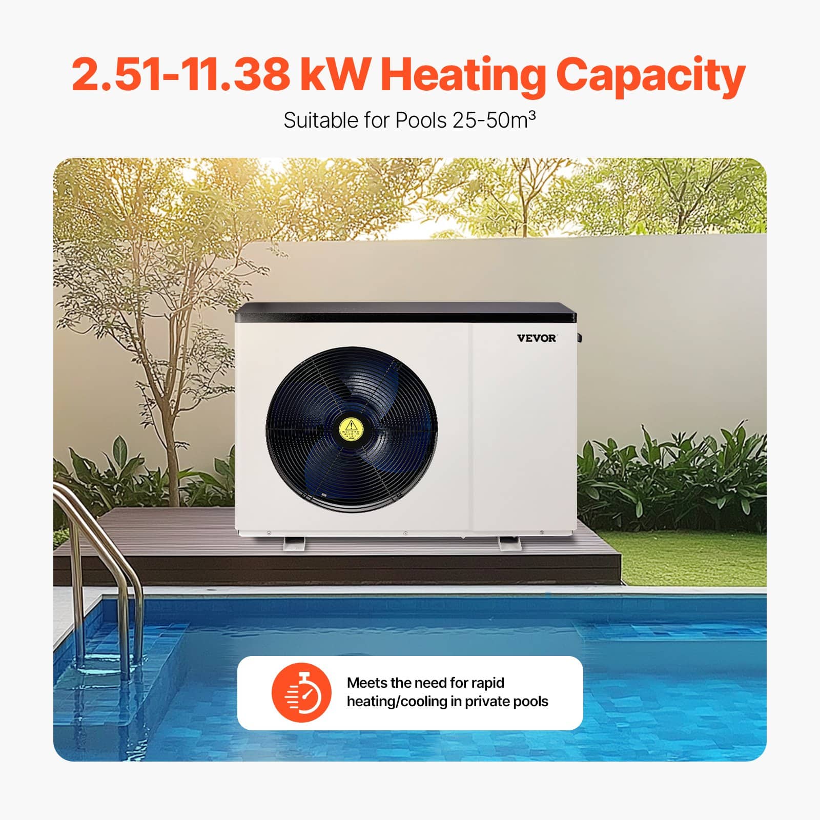 VEVOR Electric Pool Heat Pump 2.51–11.38kW, Energy-Efficient Heater & Cooler for 25–50m³ Pools, 220–240V Quiet Inverter — изображение 2
