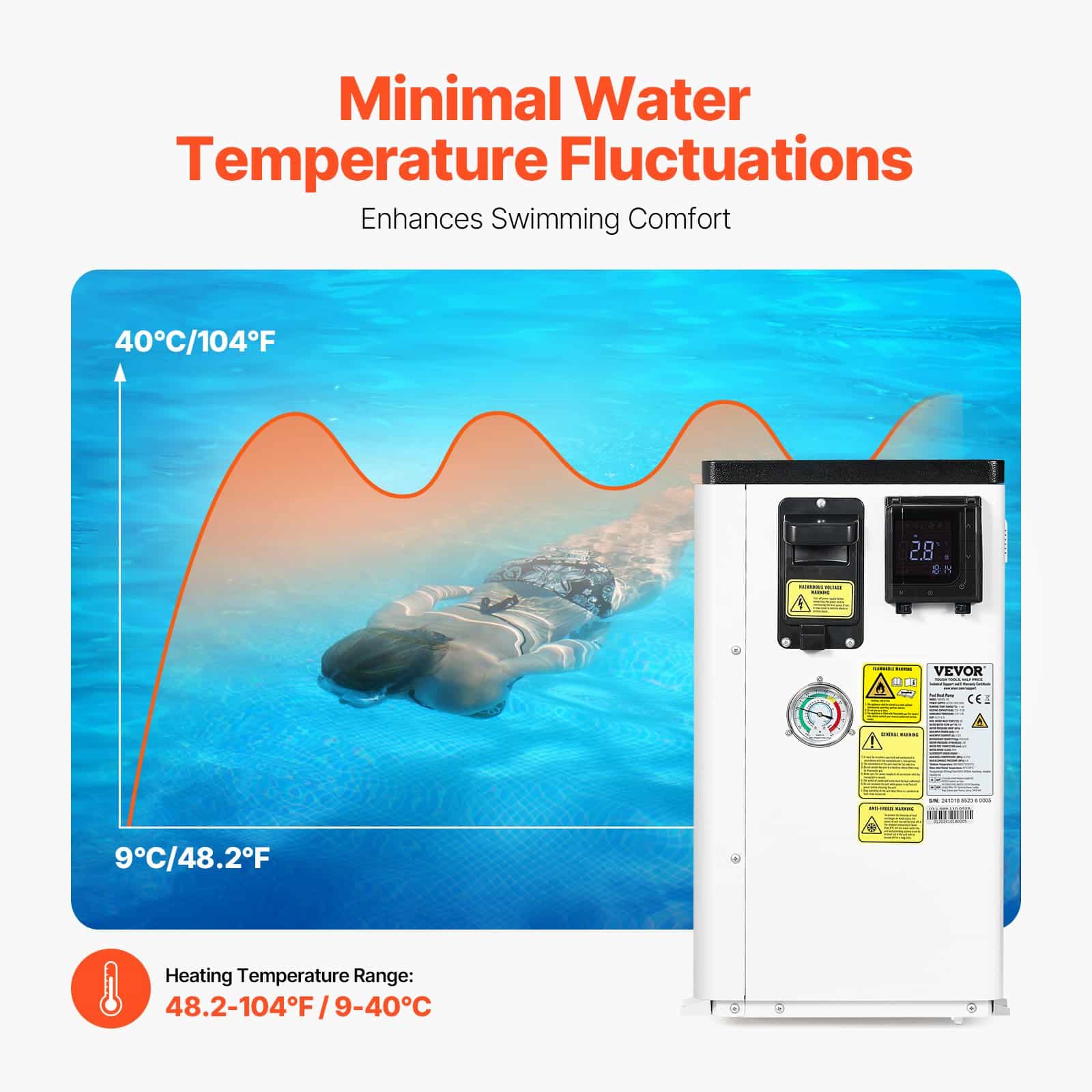 VEVOR Electric Pool Heat Pump 2.51–11.38kW, Energy-Efficient Heater & Cooler for 25–50m³ Pools, 220–240V Quiet Inverter — изображение 3