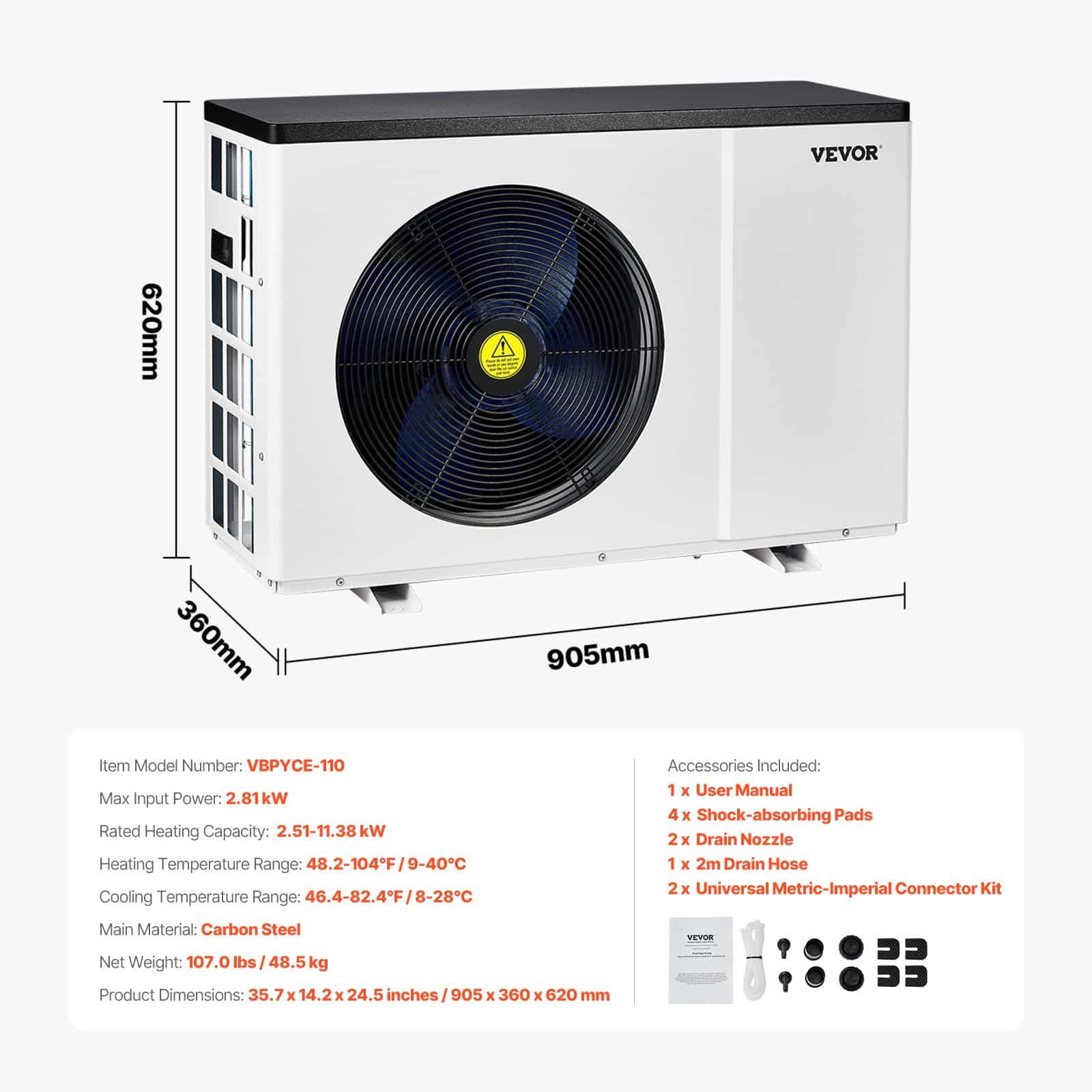 VEVOR Electric Pool Heat Pump 2.51–11.38kW, Energy-Efficient Heater & Cooler for 25–50m³ Pools, 220–240V Quiet Inverter — изображение 7