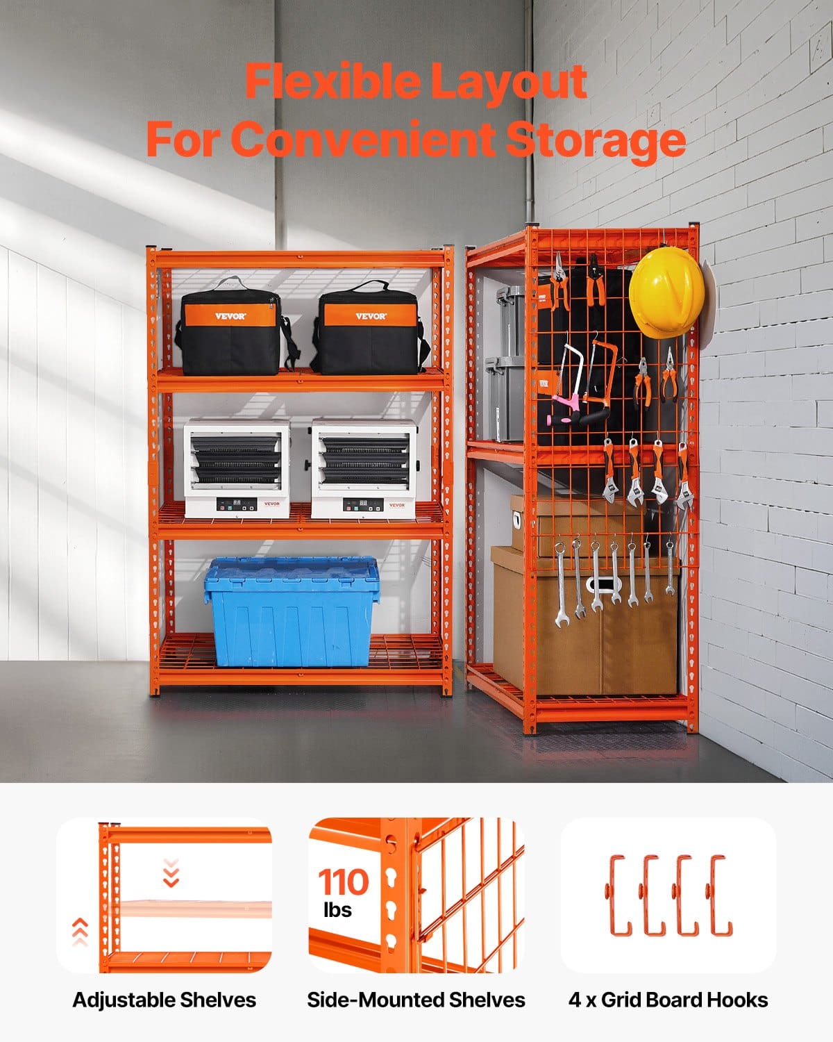 VEVOR 4-Tier Adjustable Metal Storage Rack, 1088 kg Capacity, 51x102x152 cm Heavy Duty Garage Shelf for Warehouse, Orange — attēls 3