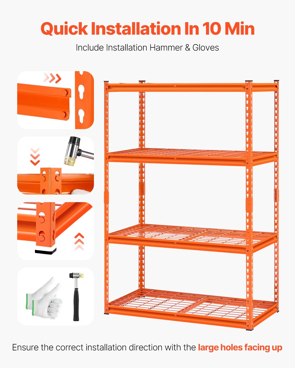 VEVOR 4-Tier Adjustable Metal Storage Rack, 1088 kg Capacity, 51x102x152 cm Heavy Duty Garage Shelf for Warehouse, Orange — attēls 5