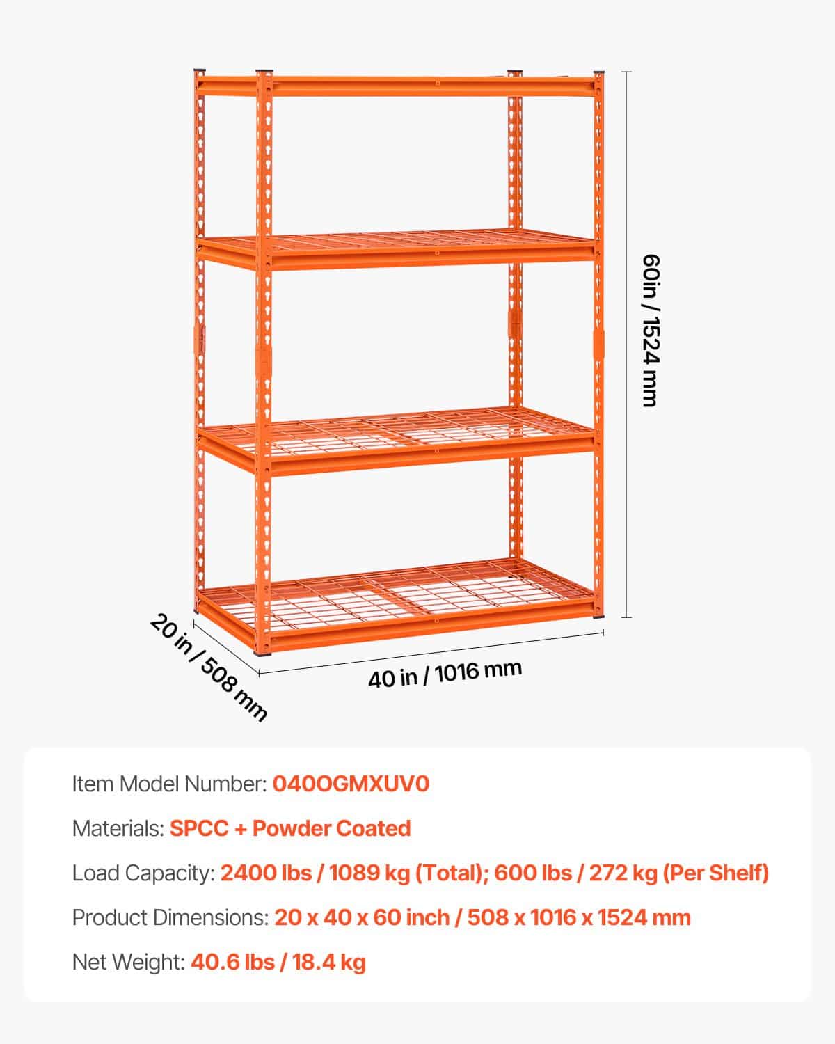 VEVOR 4-Tier Adjustable Metal Storage Rack, 1088 kg Capacity, 51x102x152 cm Heavy Duty Garage Shelf for Warehouse, Orange — attēls 7