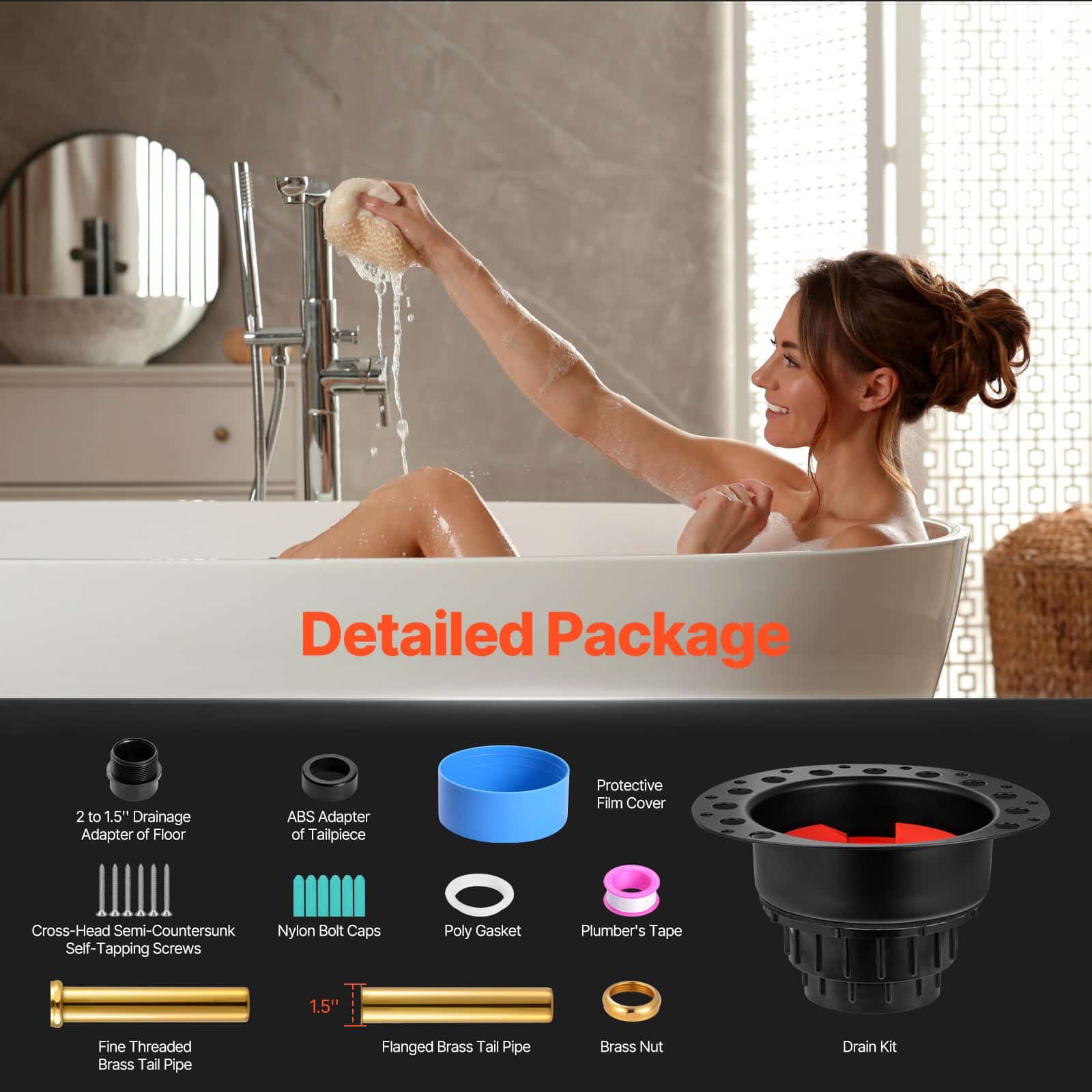 VEVOR ABS Freestanding Bathtub Drain Kit with Brass Pipes & Adapter, Fits Floor/Island Tubs, Easy Install, Durable & Versatile - Зображення 6