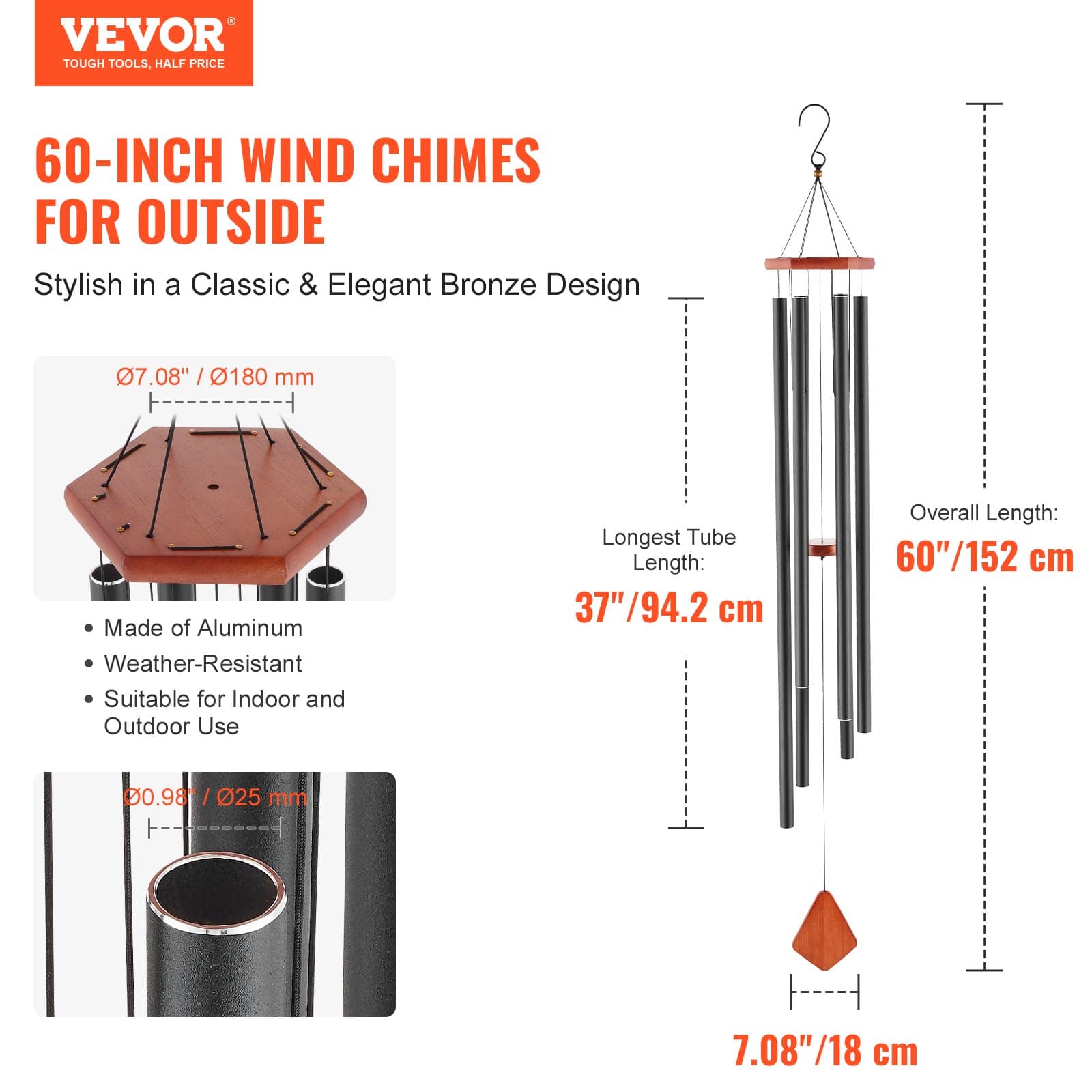 VEVOR 152 cm Deep Tone Wind Chimes with 6 Aluminum Tubes, Bronze Outdoor Memorial Wind Chime for Garden, Patio, Porch - Image 2