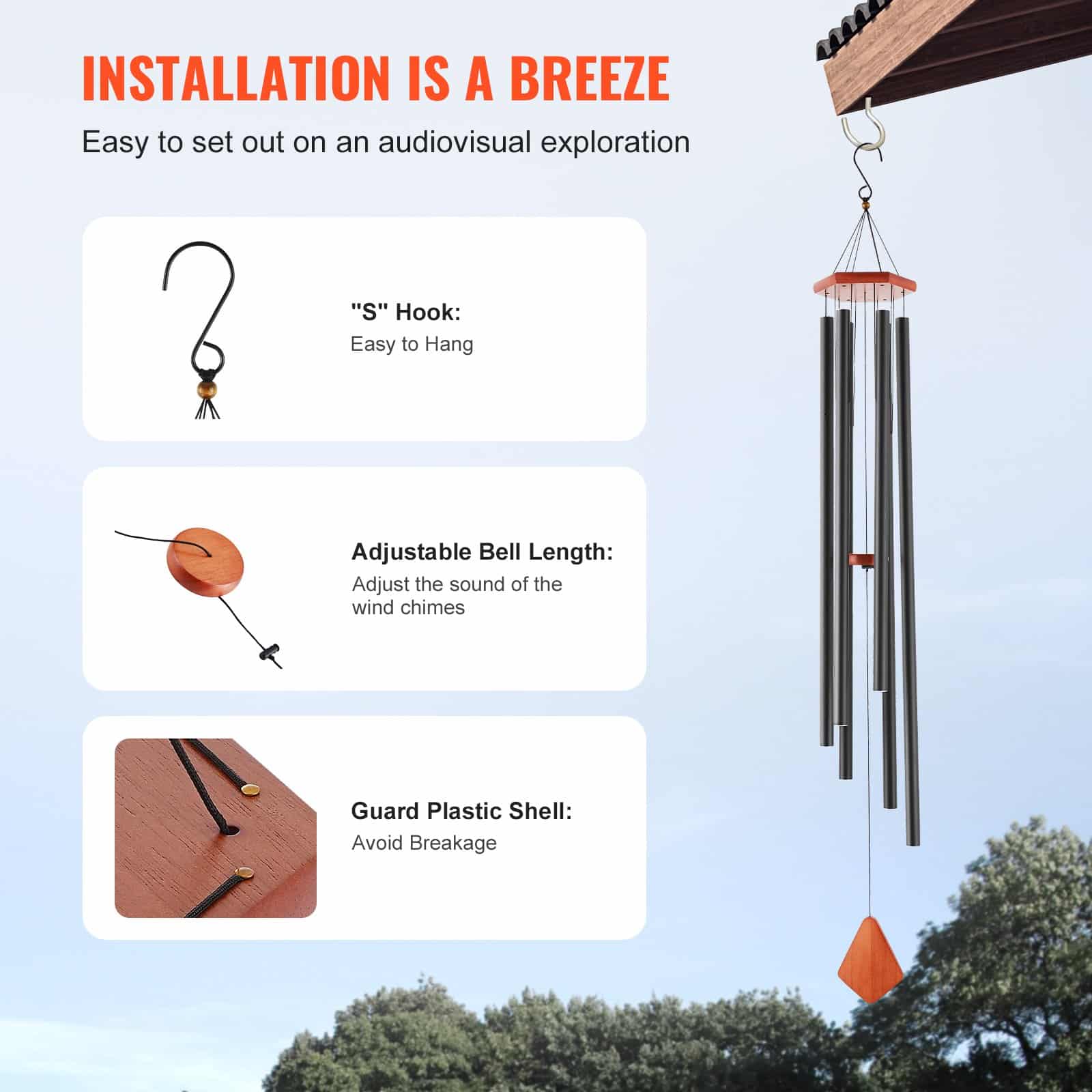 VEVOR 152 cm Deep Tone Wind Chimes with 6 Aluminum Tubes, Bronze Outdoor Memorial Wind Chime for Garden, Patio, Porch - Image 6