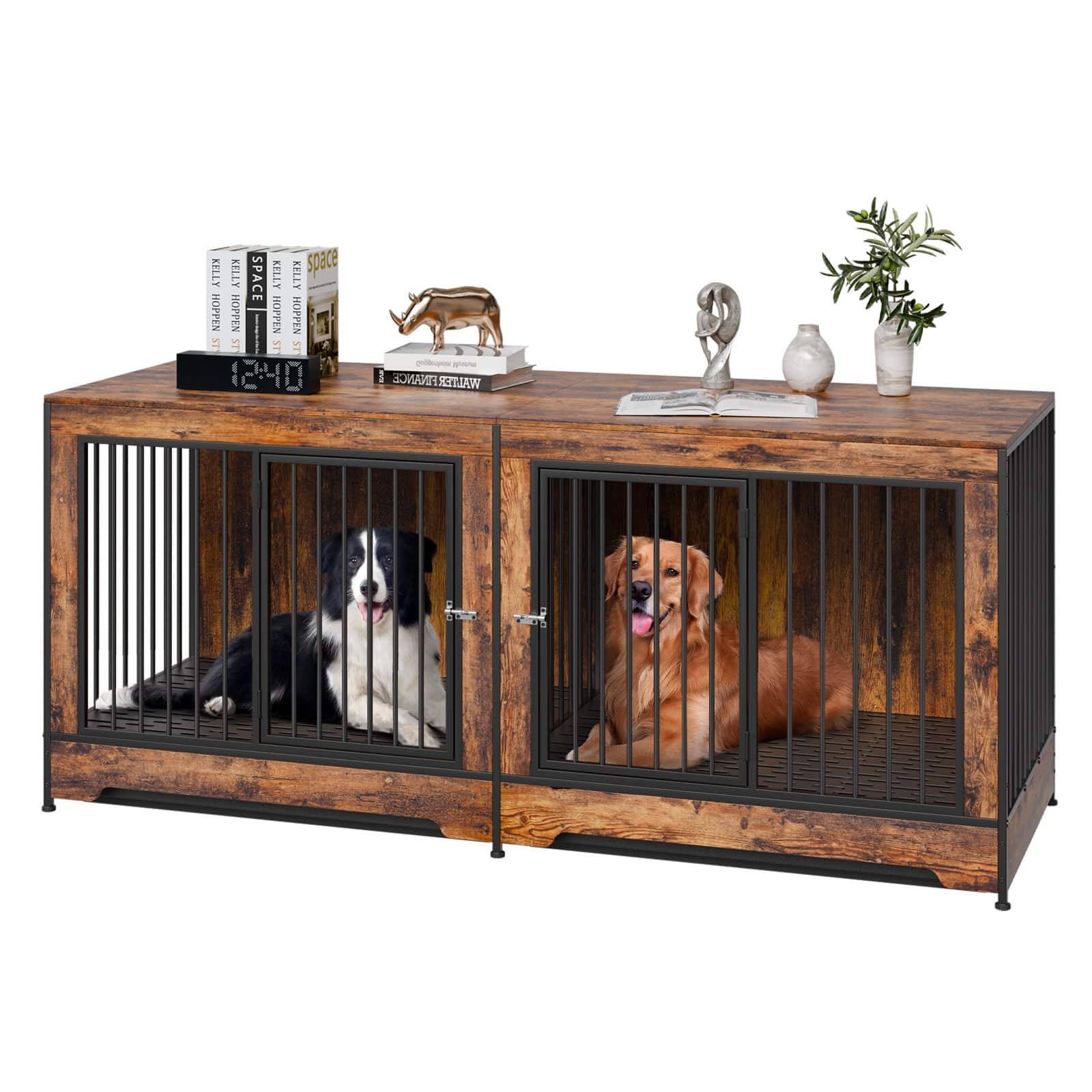 VEVOR 190 cm Large Wooden Dog Crate Furniture for 2 Dogs with Divider & Double Doors, TV Stand Style Pet Kennel – Brown
