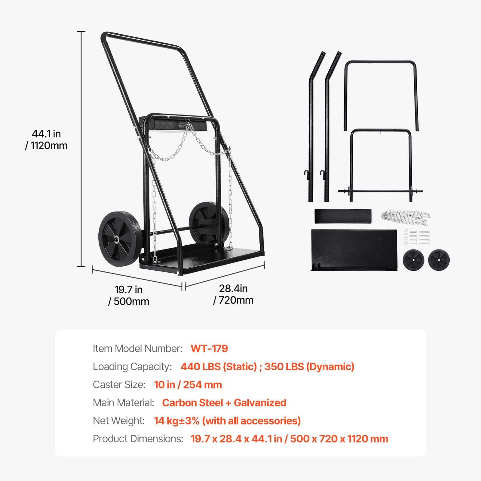 VEVOR Dual Gas Cylinder Cart for Oxygen & Acetylene, 200kg Capacity, 25cm Wheels, Fits 2x 31.7cm Cylinders with Safety Chains — изображение 7