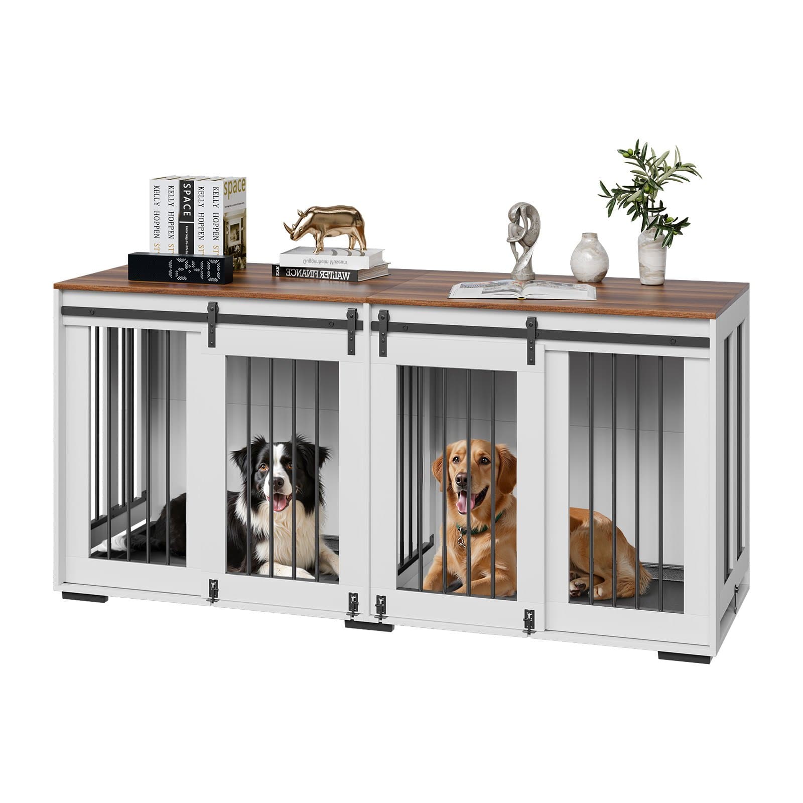 VEVOR 183cm Double Dog Crate Furniture with Sliding Doors, TV Stand & Removable Tray, Steel Frame for 2 Small to Large Dogs - White