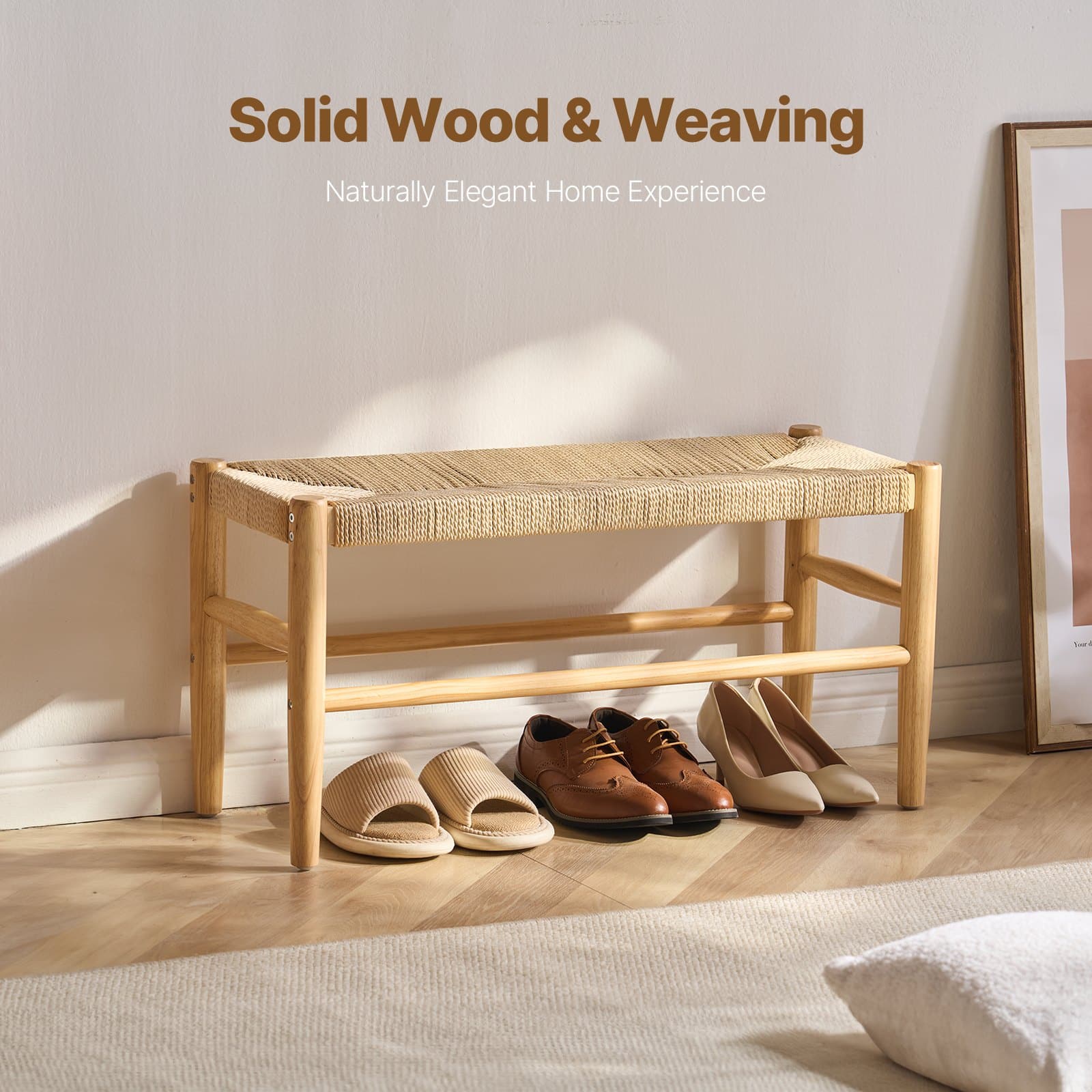VEVOR Handwoven Rattan Bench with Oak Legs, 80 cm Wooden Entryway Bench for Bedroom, Living Room or Kitchen — изображение 2