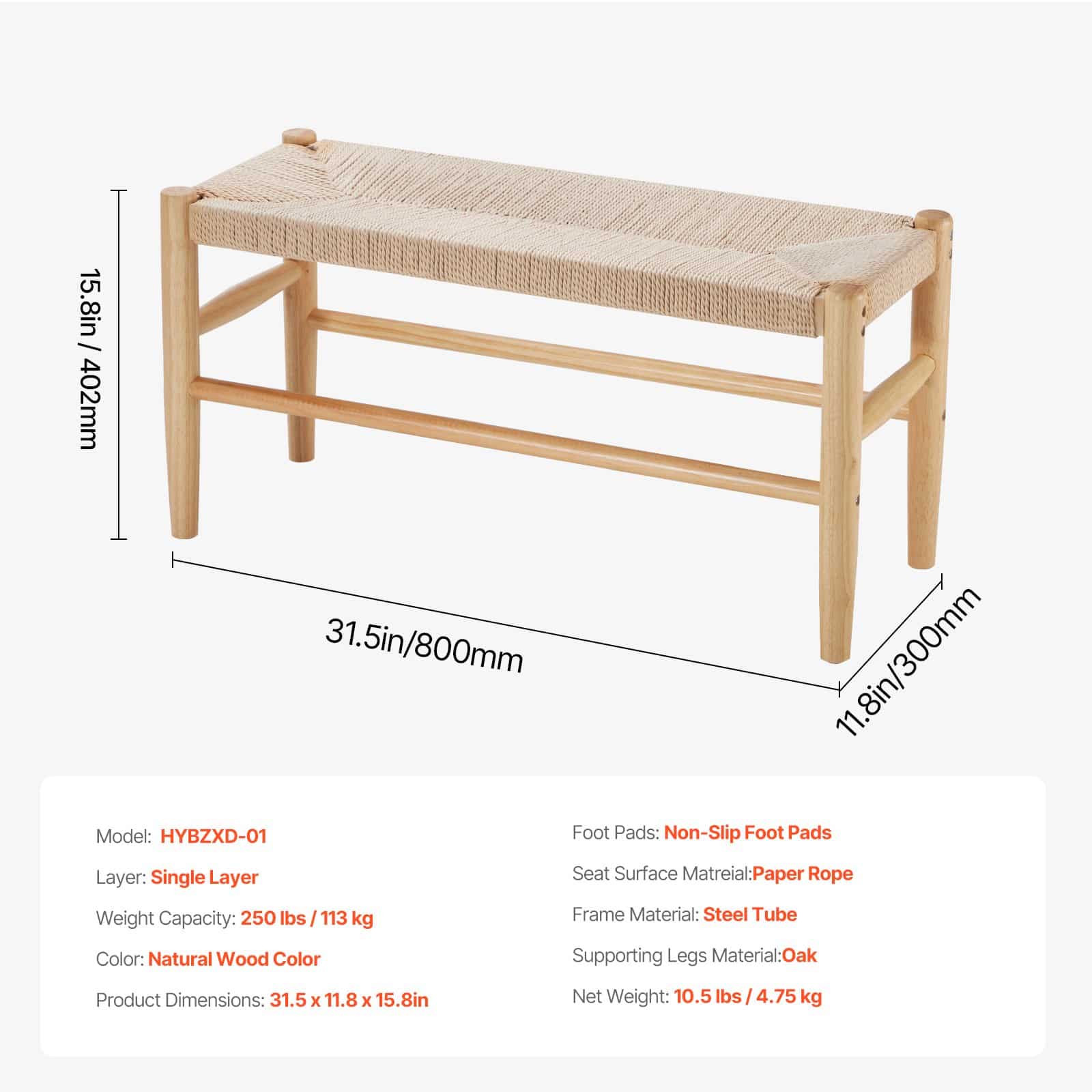 VEVOR Handwoven Rattan Bench with Oak Legs, 80 cm Wooden Entryway Bench for Bedroom, Living Room or Kitchen — изображение 7