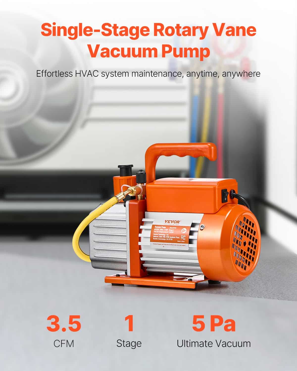 VEVOR 217 L/min HVAC Vacuum Pump Kit, 5 Pa Single-Stage Rotary Vane, for R134a R22 R410a, Auto AC Maintenance with Oil - Зображення 2