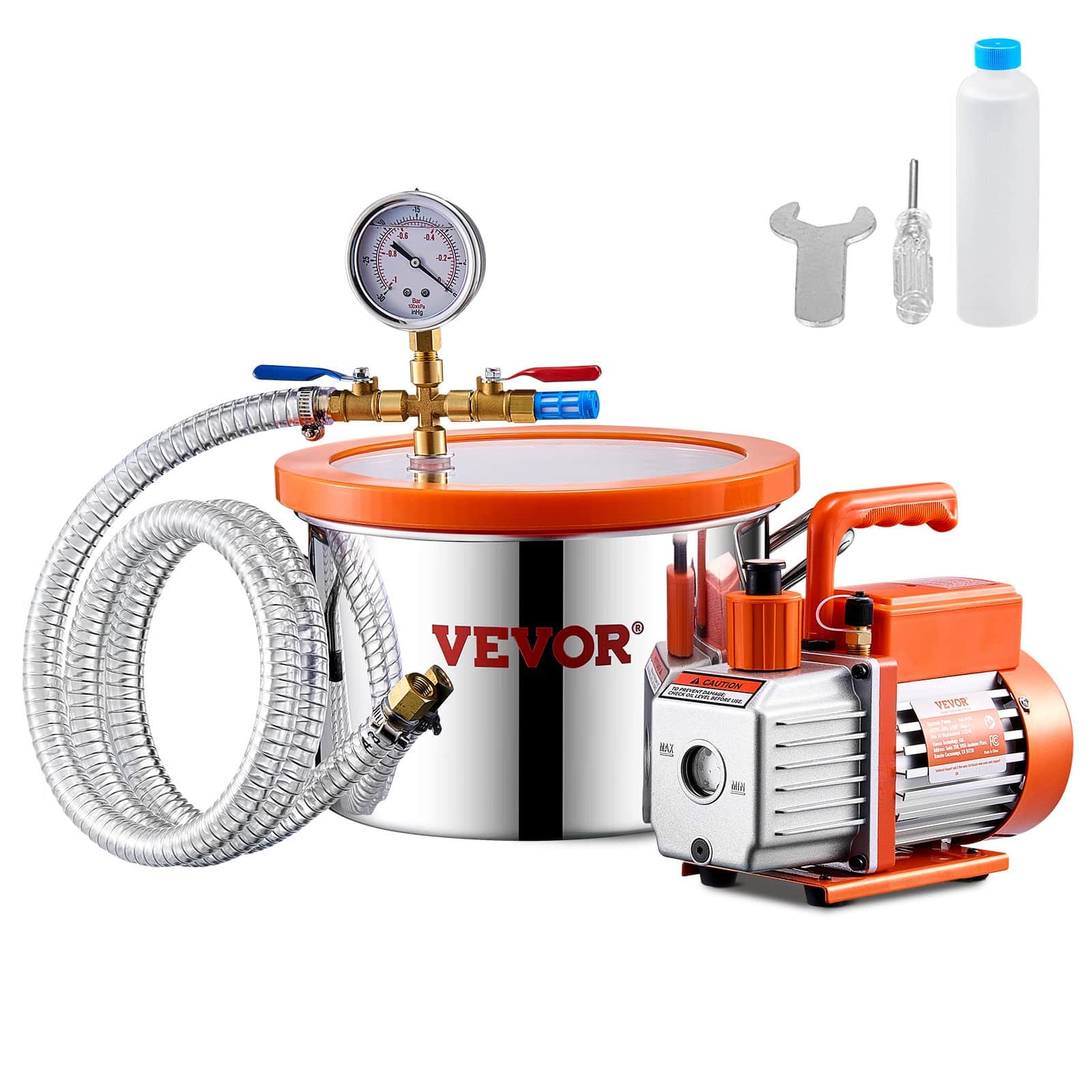 VEVOR 5.7L Vacuum Chamber & 100L/min Pump Kit – Stainless Steel, Acrylic Lid, for Resin, Silicone, Epoxy Degassing