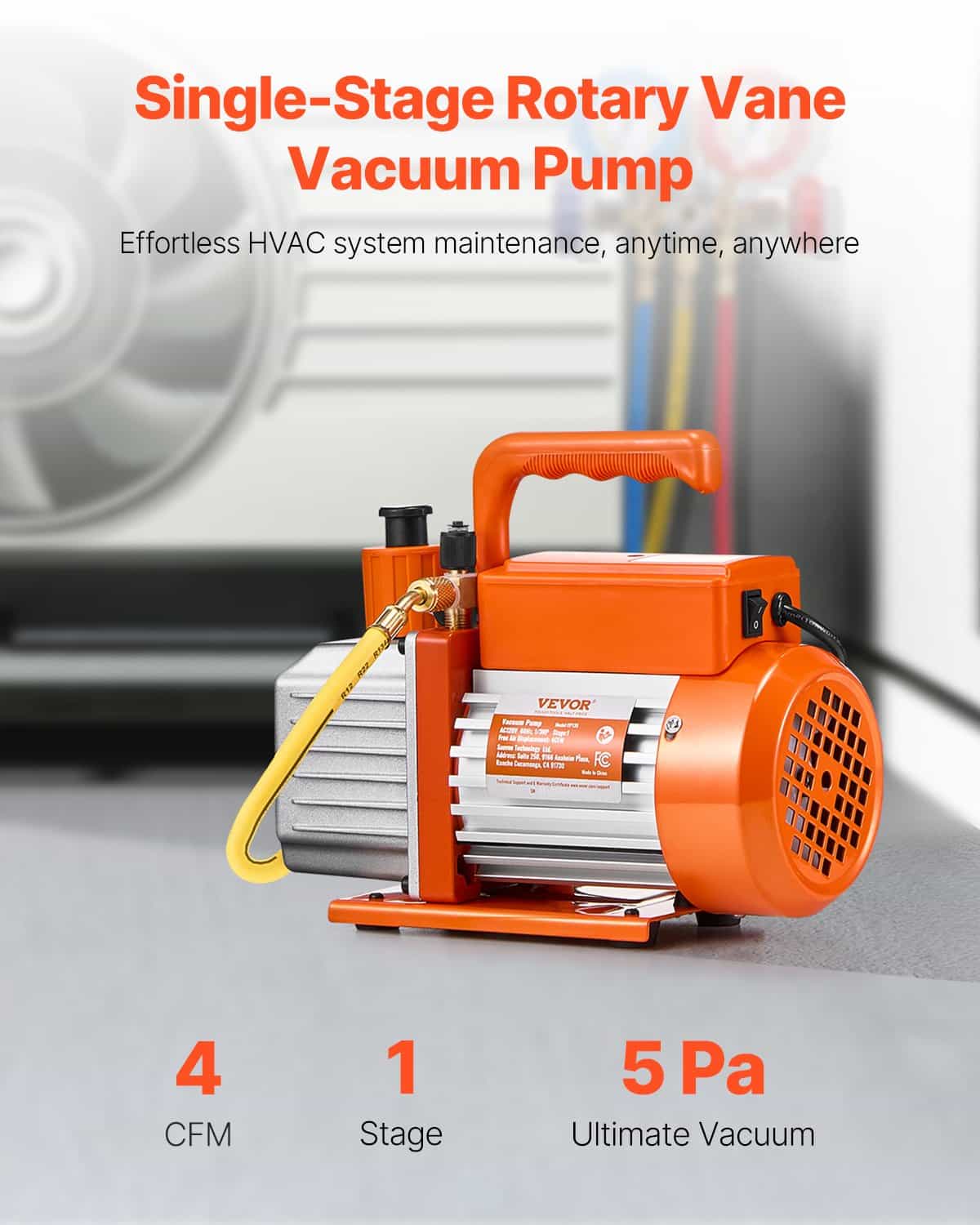 VEVOR 233 L/min Single-Stage Rotary Vane Vacuum Pump Kit with Oil, for HVAC R134a R22 R410a Systems, Auto AC & Resin Degassing - Зображення 2