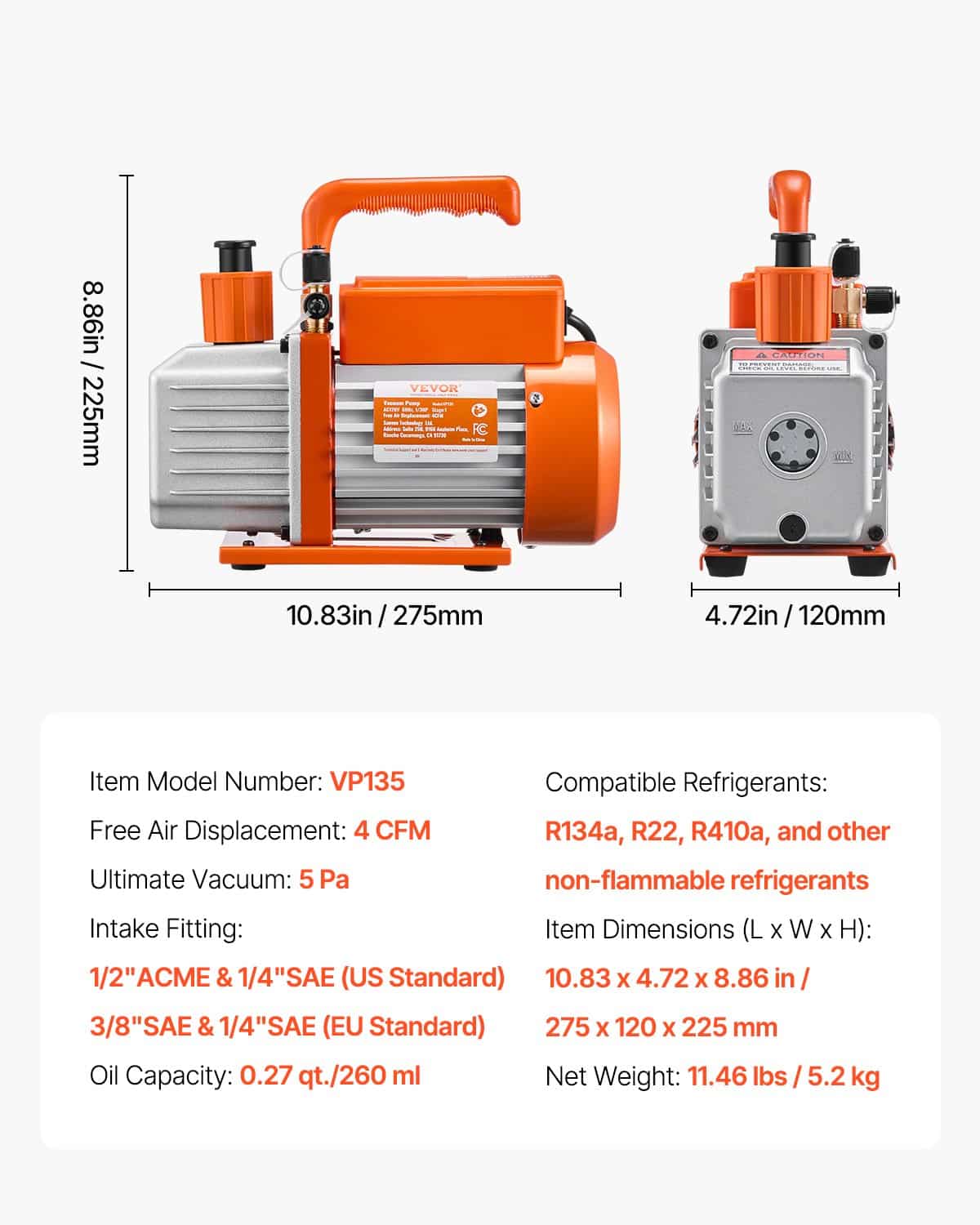 VEVOR 233 L/min Single-Stage Rotary Vane Vacuum Pump Kit with Oil, for HVAC R134a R22 R410a Systems, Auto AC & Resin Degassing - Зображення 7