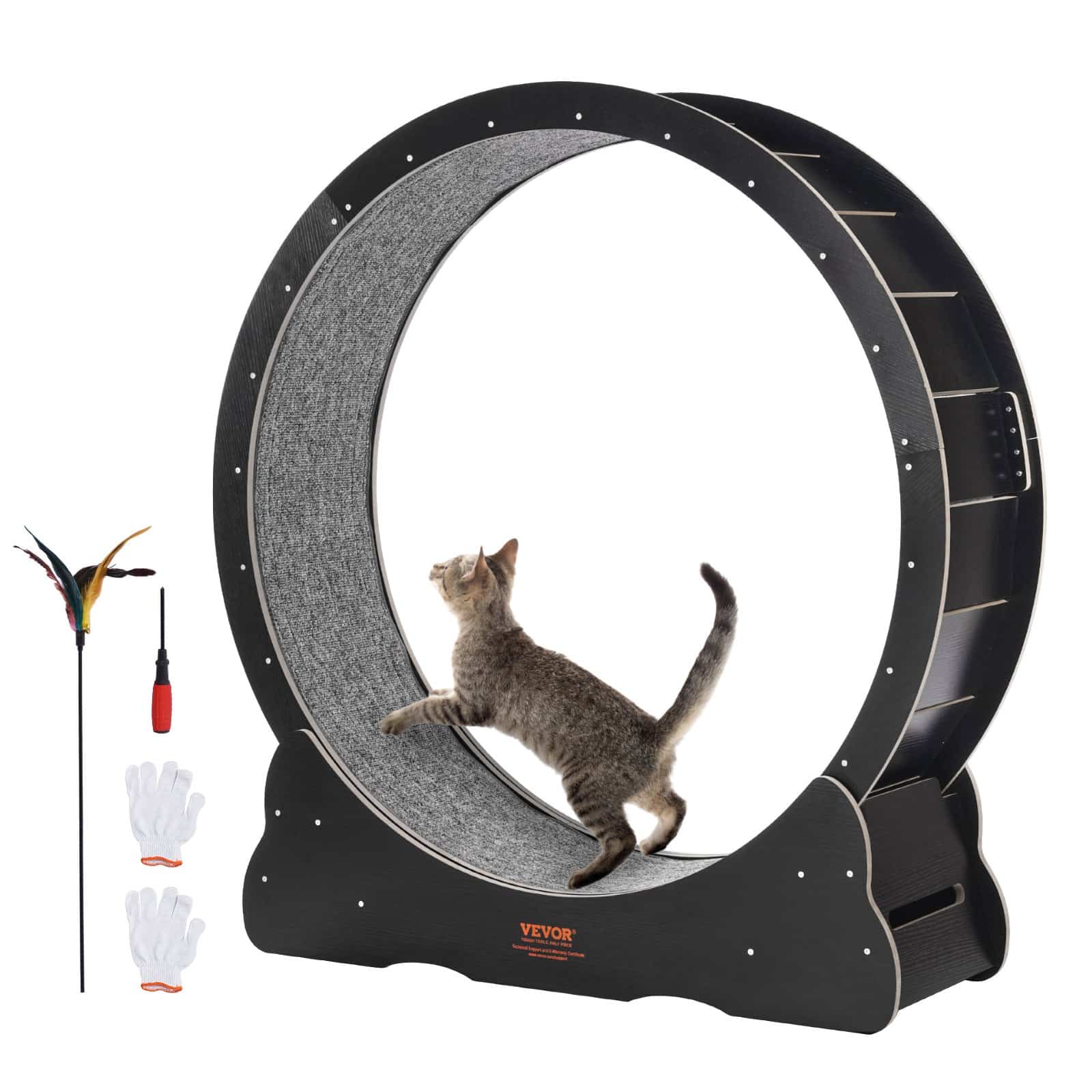 VEVOR Wooden Cat Exercise Wheel 110 cm – Quiet Indoor Cat Treadmill with Carpet & Teaser for Training and Play