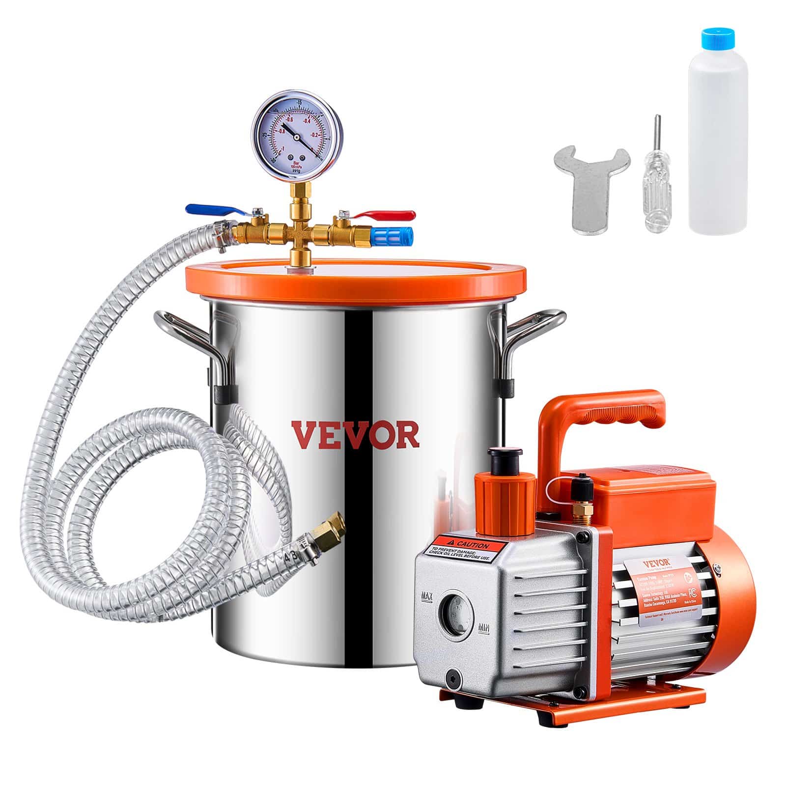 VEVOR 11L Vacuum Chamber & 100 L/min Pump Kit – Stainless Steel, Acrylic Lid, Hose & Oil for Resin Silicone Epoxy Degassing