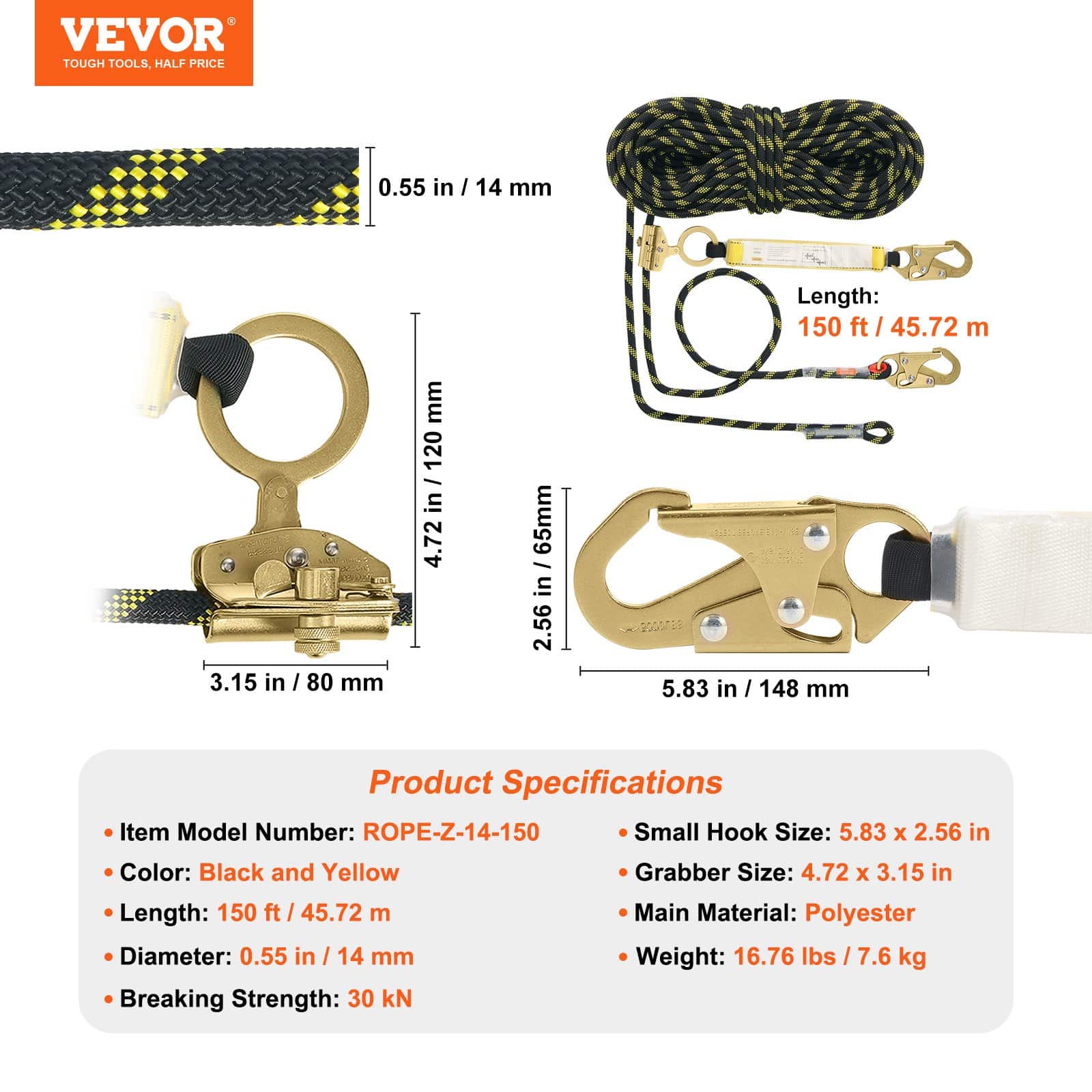VEVOR 45.7m Vertical Lifeline Rope with Steel Hooks, 30kN Static Climbing Rope with Grab & Absorber, for Safety & Rescue — изображение 7