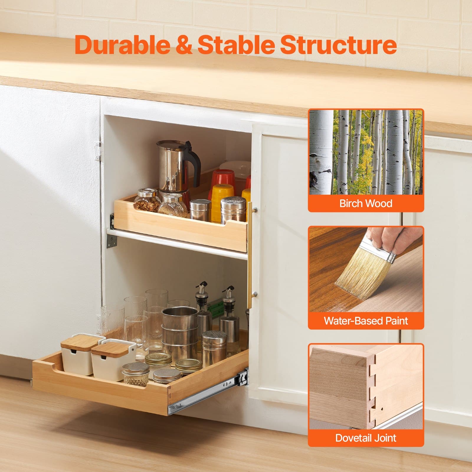 VEVOR 43x53 cm Pull-Out Cabinet Organizer, Soft-Close Birch Wood Drawer, Heavy-Duty Slide Shelf for Kitchen & Bathroom - Image 2