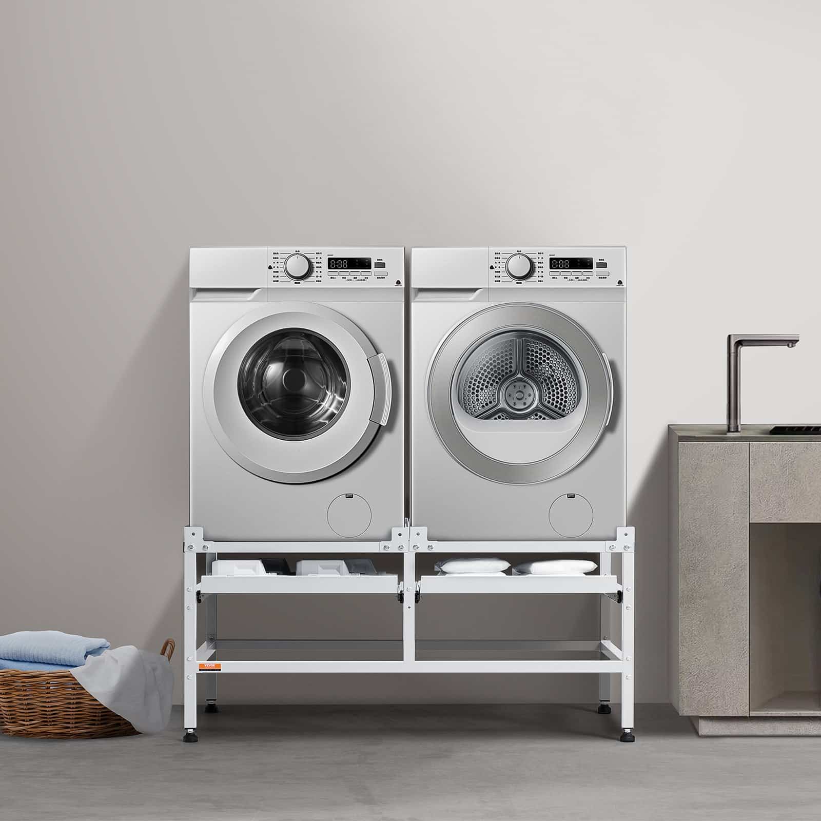 VEVOR Carbon Steel Washing Machine Pedestal Stand 123x63.5cm, 267kg Load, 2 Storage Trays, 4 Adjustable Feet, Lifts Washer 625mm - Image 8